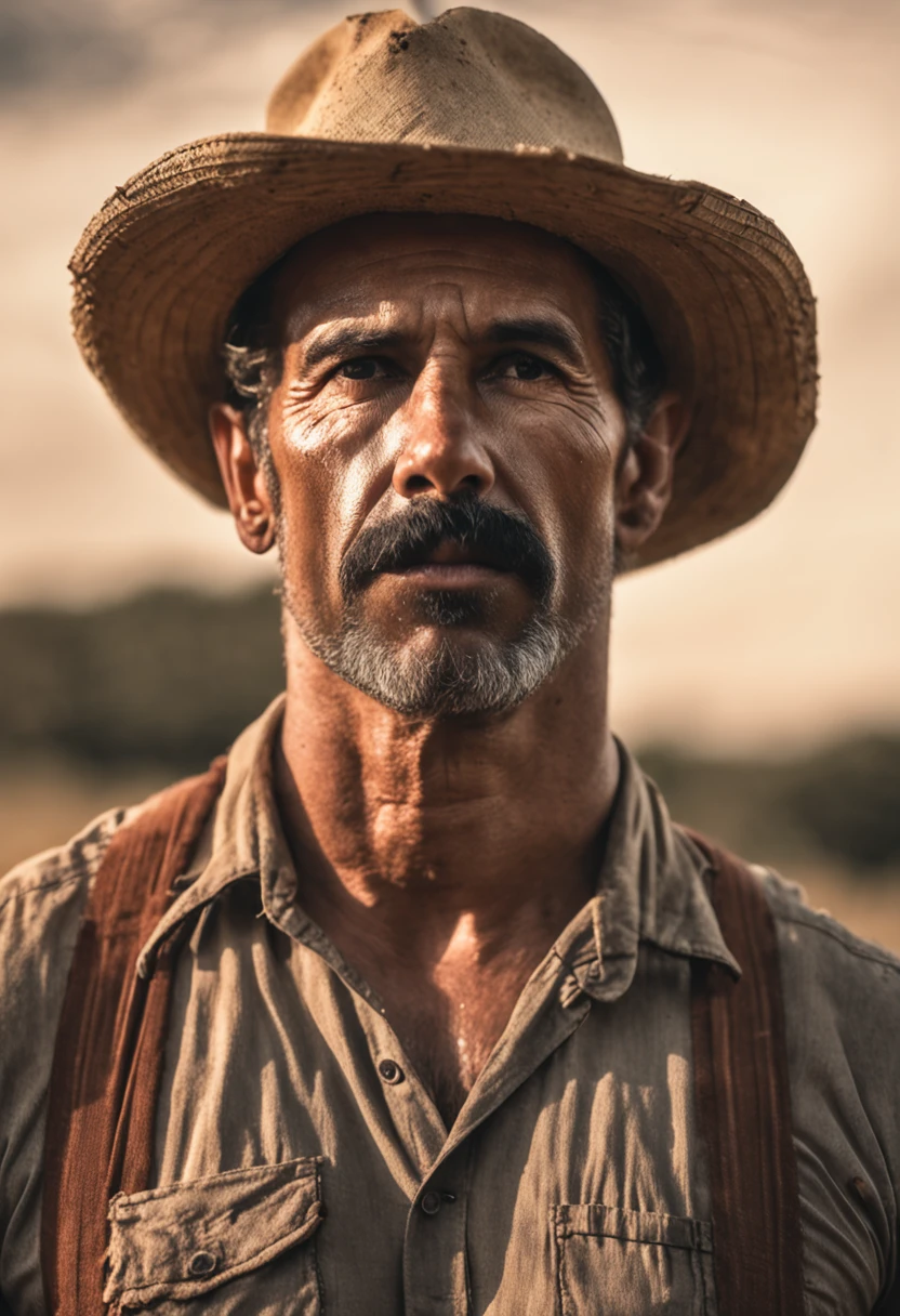 1man, smart man, 33 year old, short black hair, black eyes, tan skin bearded farmer with straw hat standing crossed arms in field with sun behind him Natural volumetric lighting and better shadows, profundidade de campo profunda, foco clear, Portrait incredibly beautiful muscles, corpo inteiro, belo rosto viril, barba, atraente com olhos claros, sorriso sedutor, cabelo cinza curto desgrenhado, camisa branca apertada, jeans, (messy painted body: 1.05), (fundo de rua com lojas: 1.15), hospital, (arms down 1.2), bandaged broken arm, pitoresco, Overexposure, fotorrealismo, fotorrealista, nsfw, sexy,, clear, focado, centrado, sensual, HD, 8k, DSLR, RAW