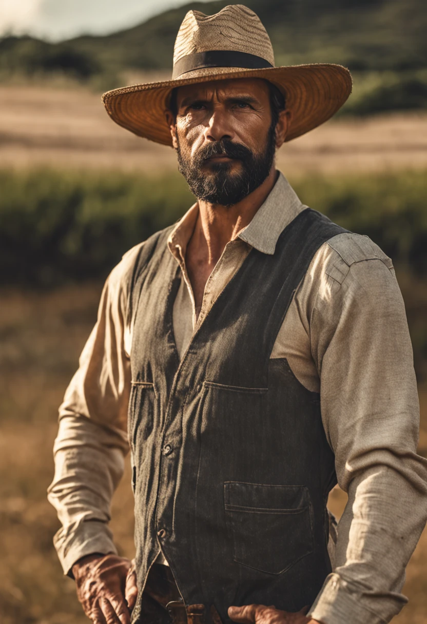 1man, smart man, 33 year old, short black hair, black eyes, tan skin bearded farmer with straw hat standing crossed arms in field with sun behind him Natural volumetric lighting and better shadows, profundidade de campo profunda, foco clear, Portrait incredibly beautiful muscles, corpo inteiro, belo rosto viril, barba, atraente com olhos claros, sorriso sedutor, cabelo cinza curto desgrenhado, camisa branca apertada, jeans, (messy painted body: 1.05), (fundo de rua com lojas: 1.15), hospital, (arms down 1.2), bandaged broken arm, pitoresco, Overexposure, fotorrealismo, fotorrealista, nsfw, sexy,, clear, focado, centrado, sensual, HD, 8k, DSLR, RAW