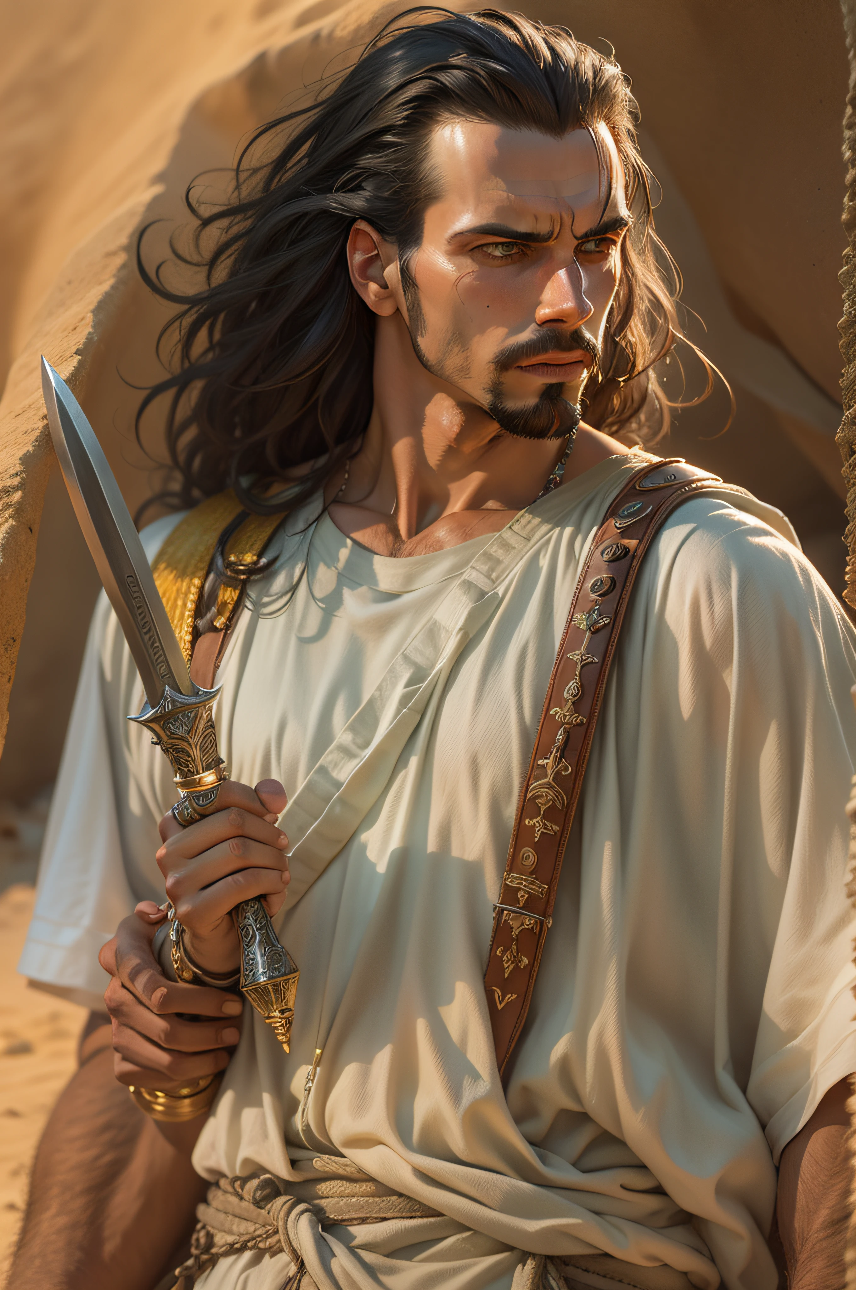 Joshua with dagger in hand, 21 anos, biblical warrior, Oded Fehr, deserto, Gritando, Bible, Biblical character, Estilo realista