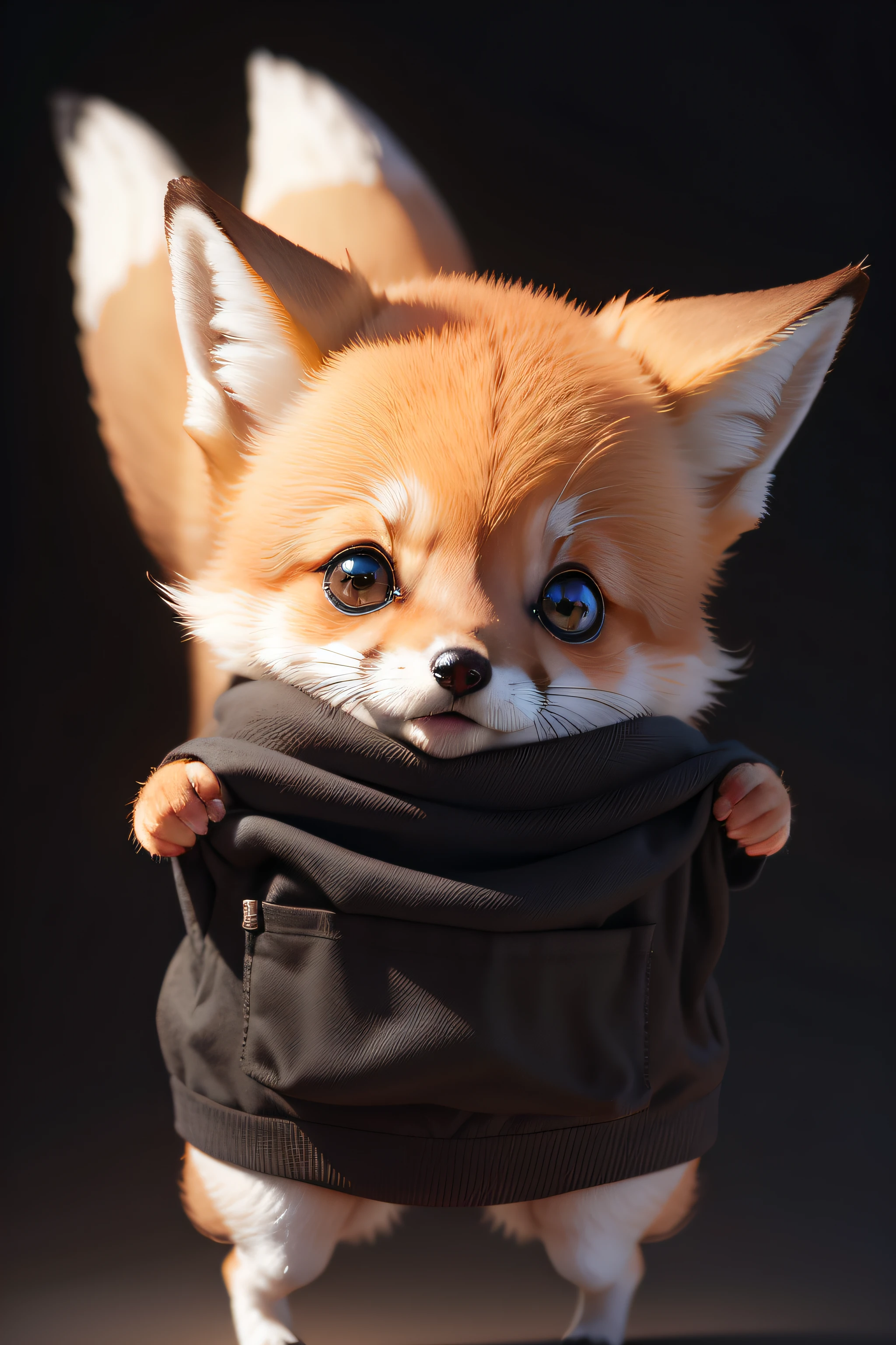 a cute image of a baby fox poking his head out of a pocket, black background