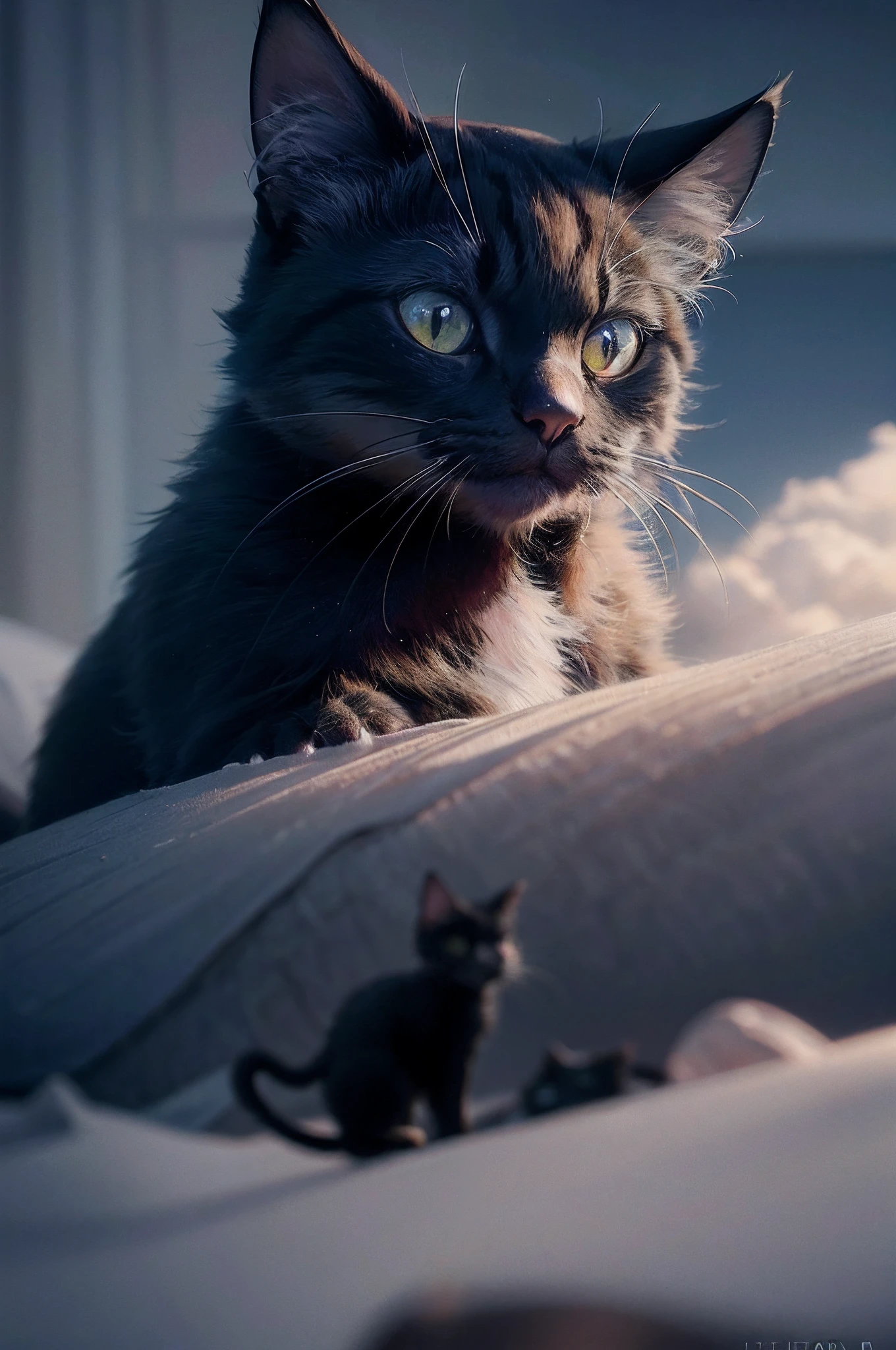 there is a cat that is looking at a small highly detailed black cat, ultra realistic 3d illustration, ultra realistic picture, photorealistic picture, adorable digital painting, stunning digital illustration, highly realistic photograph, highly realistic photo, 3 d render and matte painting, highly detailed. digital painting, trending on artstation 4k, realistic picture, detailed cinematic render, hyperrealistic picture