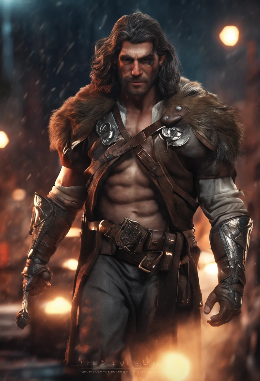 (Профессиональный 3D-рендер:1.3) de (Realistic:1.3) The most beautiful photo in the world，Features of soft and shiny male heroes, ((Epic fantasy hero, muscular man, rough wet hero, angry look, long hair, short beard and ferocious facial expression in a dynamic pose, Fantastic location, Majestic cluttered surroundings)), Рендеринг Full Body 8K Unity, action shot, pores skin, very dark lighting, Heavy shading, Detailed, Detailed Face, (Vibrants, The photo is realistic, Realistic, dramatic, Dark, sharp-focus, 8K), (Old leather clothes, weather-damaged:1.4), ((((Wear fur)))), (Intricate:1.4), decadent, (Highly detailed:1.4), Digital Painting, Octane rendering, Art Stations, ConceptArt, Smooth, sharp-focus, illustartion, The germ of art, (loish:0.23), Wlop Ilya Kuvshinov, and Greg Rutkowski and Alphonse Mucha Gracias, (Global Illumination, studio light, surround light), heavy rain, particles floating, rascal, Fantasy, elf, full bodyesbian, ((The dark and ancient background of the city:1.3)),CGSesociety,Art Stations