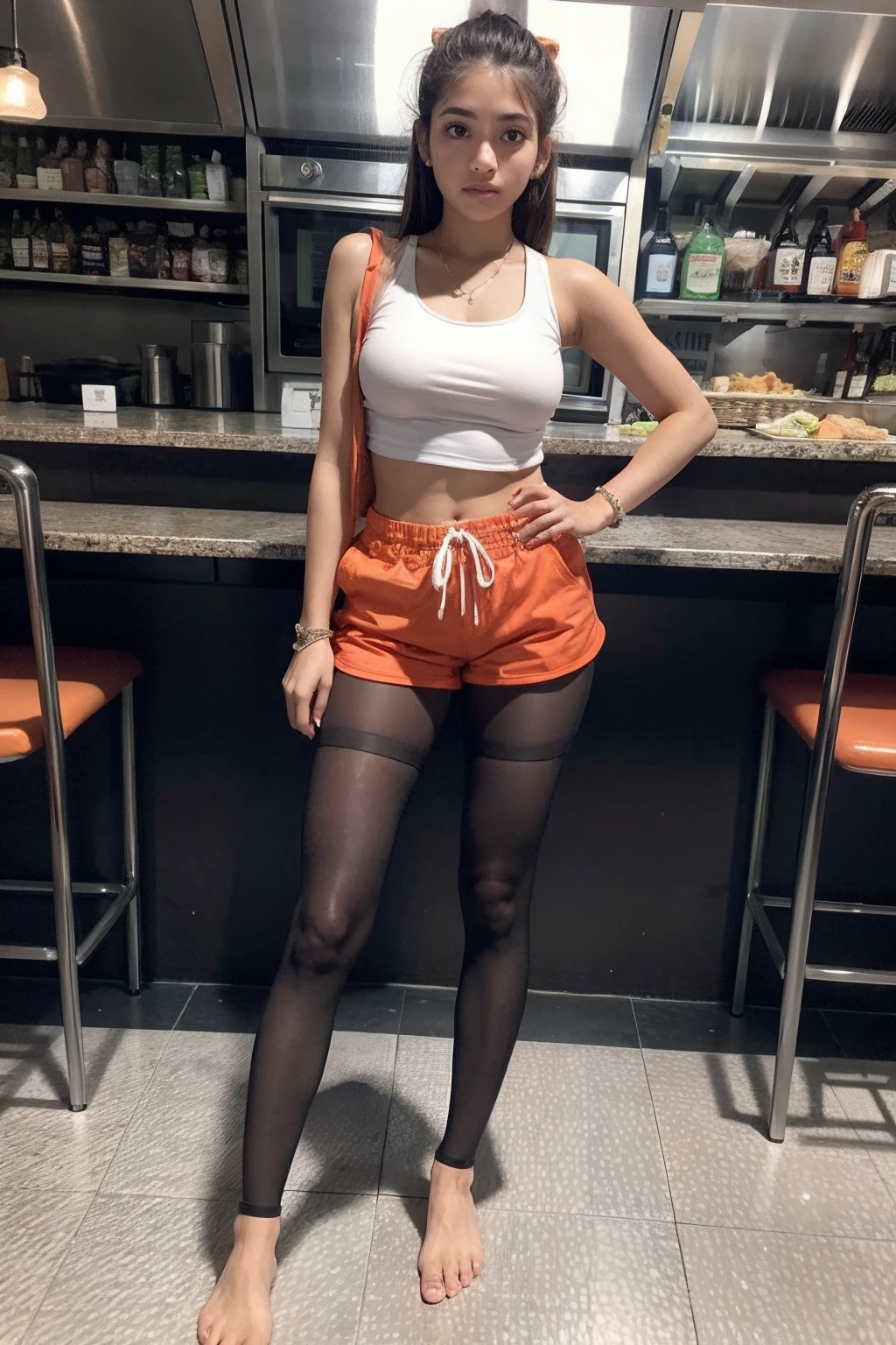 show entire body, feet in view, realistic, beautiful 16y.o. Latina female, white tank top, orange short shorts, pantyhose, no shoes, crowded restaurant, serving customers
