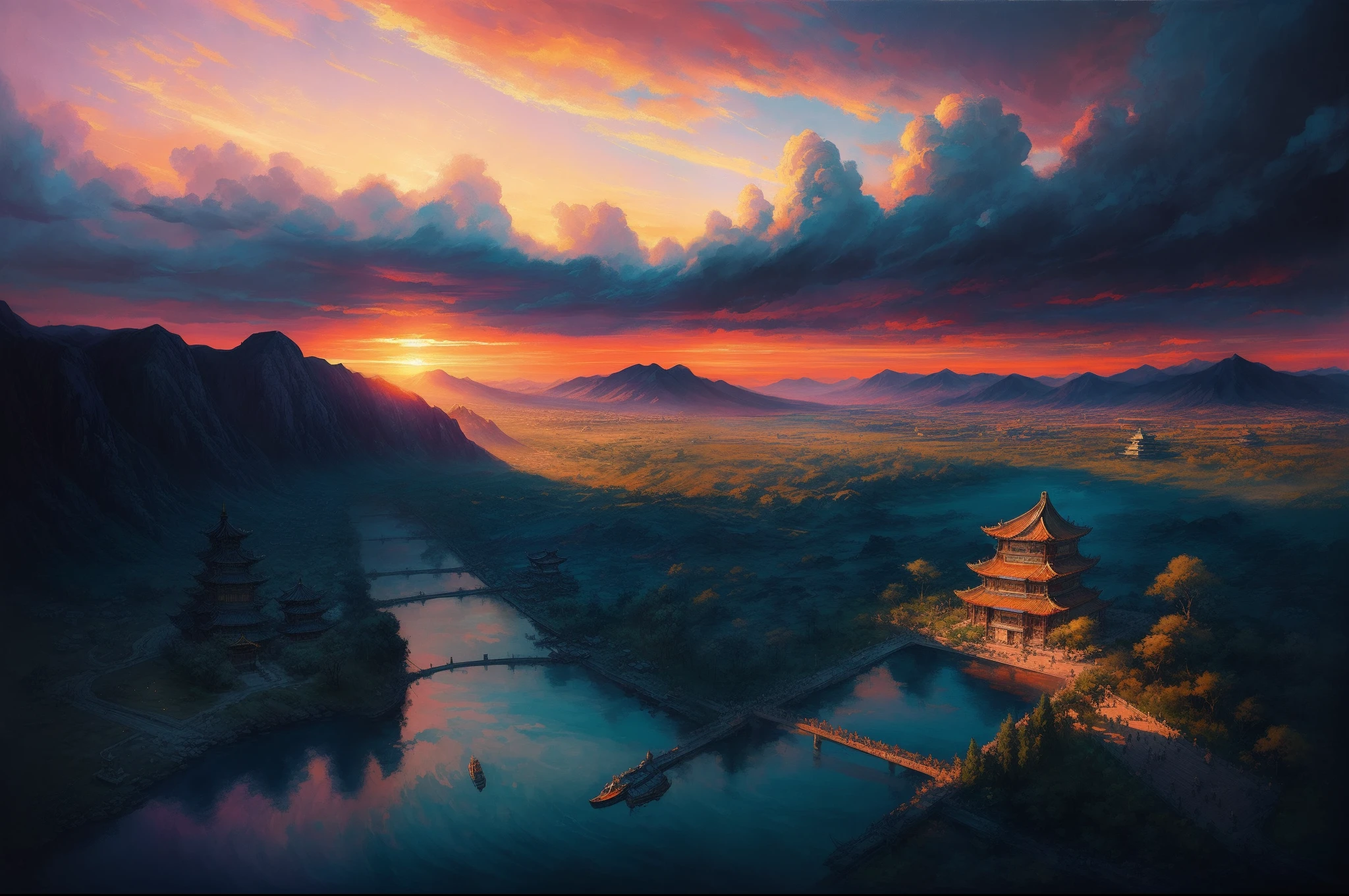 (((Aerial Photography))), comic watercolor & oil painting illustrations, Showing a ((Chinese palace complex)) in the valley before sunset, in the style of Liam Wong, tranquil serenity, 2D game art, uhd graphics, vibrant color palette, Watercolor comics & Oil paintings by Joseph Christian Ryndek & The paintings by Joseph Christian Ryndek & the paintings by Joseph Farleigh & James Jean & Anders Zorn & Jeremy Mann & Alfansmuzzar, moving images, flower punk, intricate intricate details, dynamic, dramatic lighting, backlighting, raking, vivid colors, Sunset, cumulus clouds, more detailed, the movie feeling of lighting, long shadow, saturated contrast