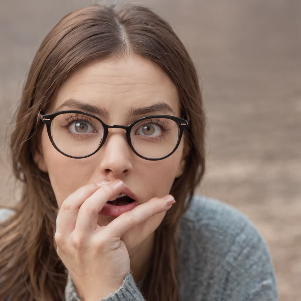 a woman seeing very badly with extremely giant glasses extremely surprised face completely open mouth extremely wide eyes extremely shocked expression on her face