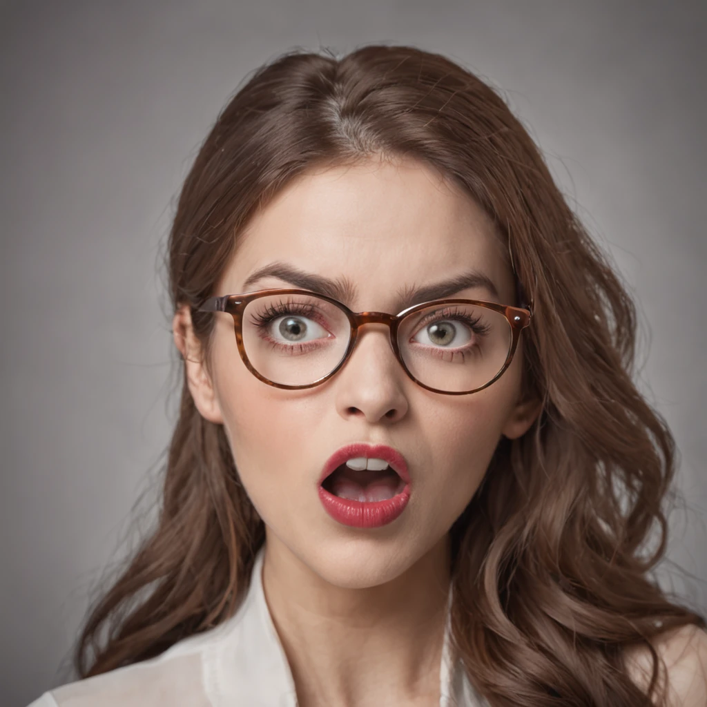 a woman seeing very badly with extremely giant glasses extremely surprised face completely open mouth extremely wide eyes extremely shocked expression on her face