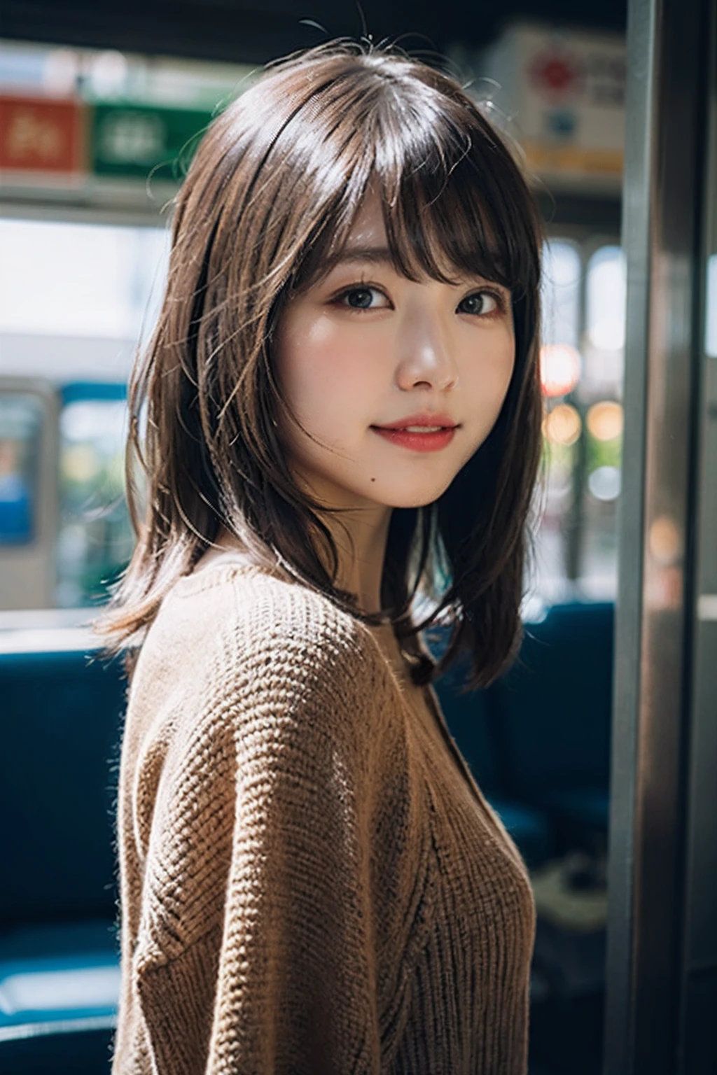 (8K、Raw photography、top-quality、​masterpiece:1.2)、(realisitic、Photorealsitic:1.37)、ultra-detailliert、超A high resolution、女の子1人、see the beholder、beautifull detailed face、A smile、Constriction、(Slim waist) :1.3)、short-cut、Beautiful detailed skin、Skin Texture、Floating hair、Professional Lighting、Wait for the platform train、Square glasses with black rimming 、Whole human body、Brown hair