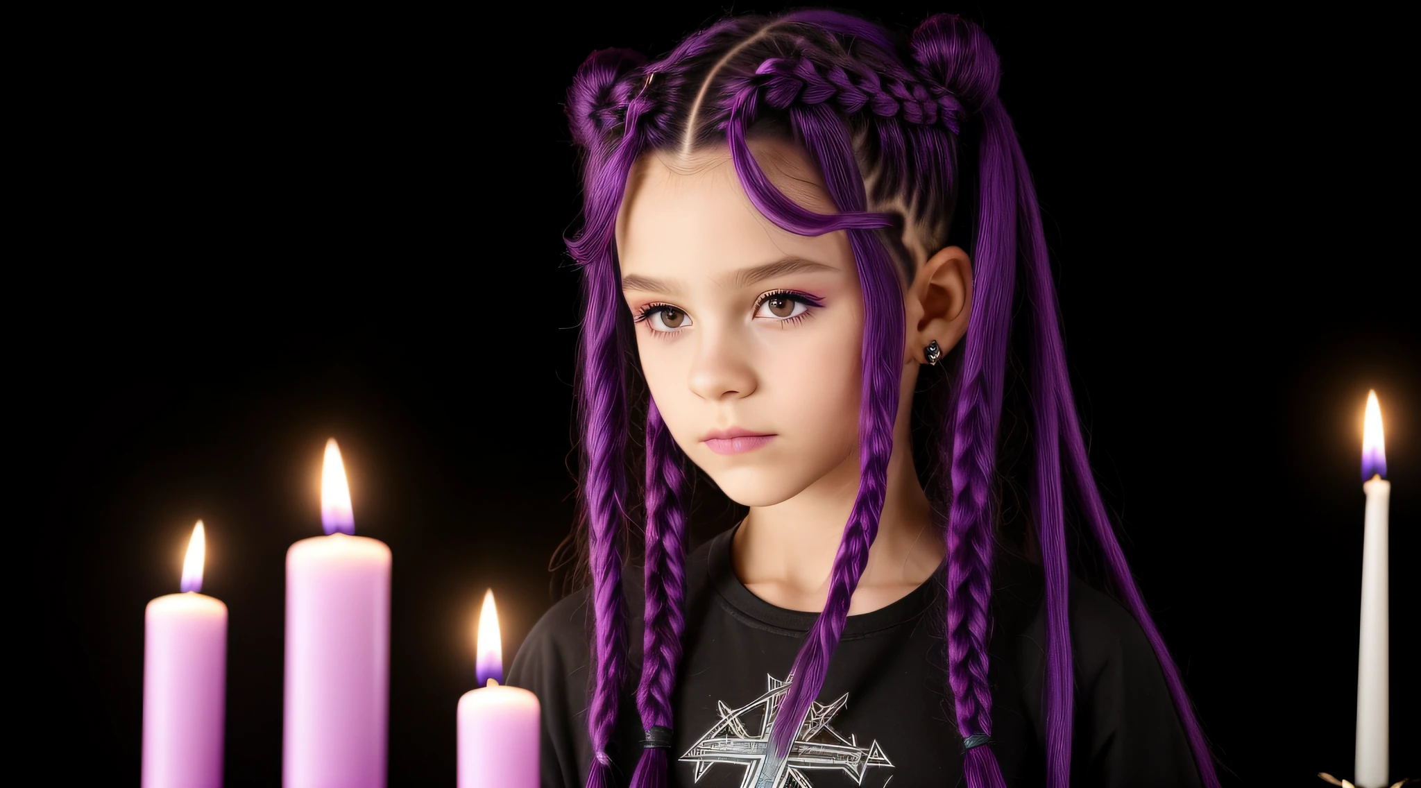 PURPLE HAIR BRAIDS KIDS CABELO LONGO, Gothic cross, cruz, CROSSES WITH LIT CANDLES in hand.