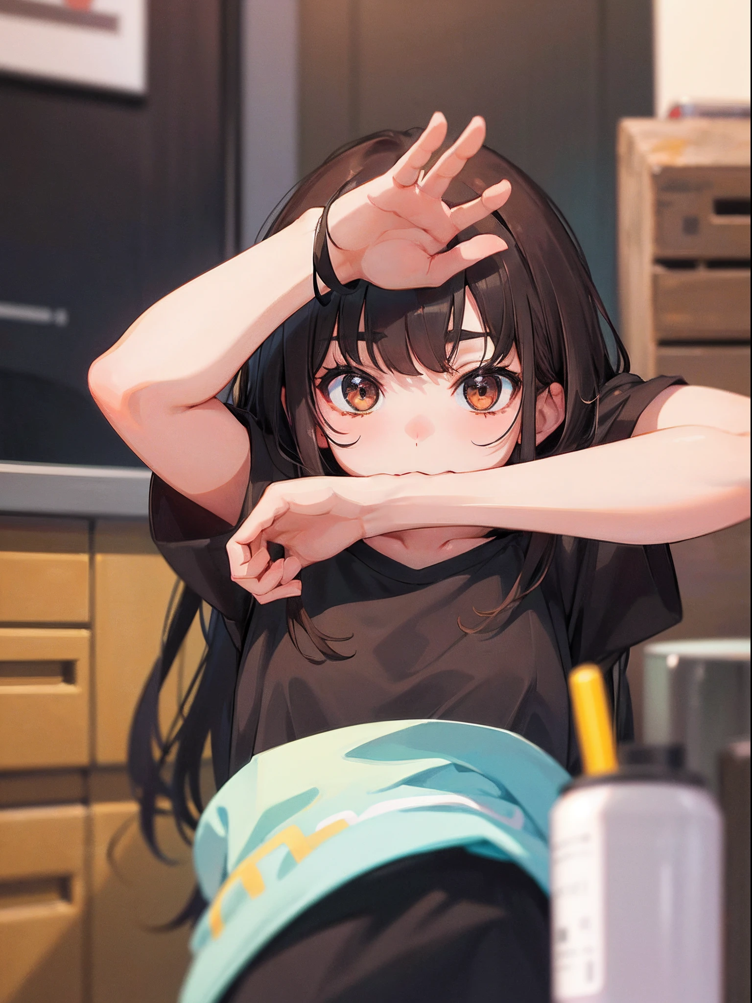 a cute looking girl, innocent, wearing cute brown shirt, black hair, brown eyes, high res, ultrasharp, 8k, masterpiece