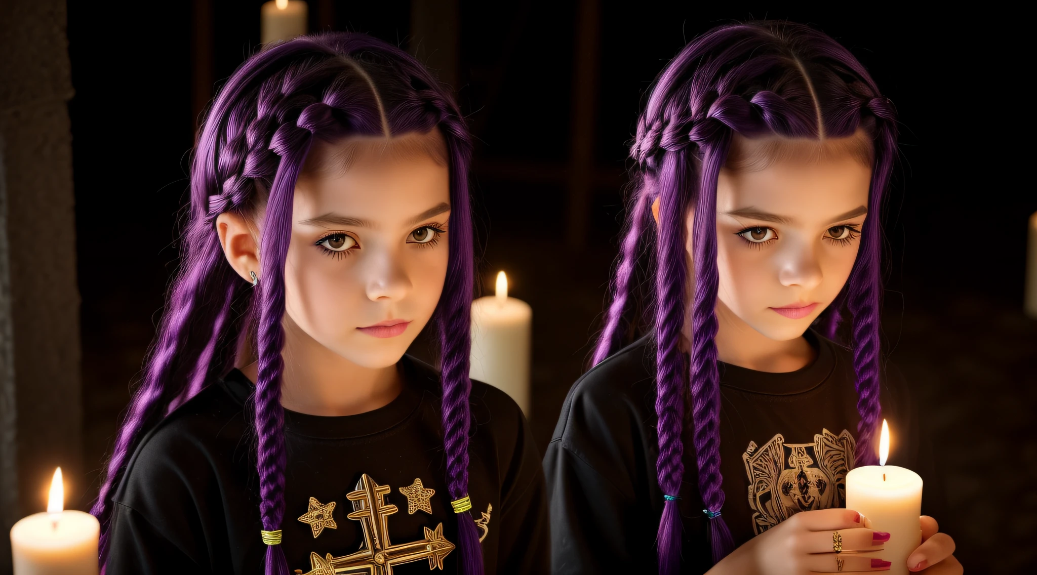 PURPLE HAIR BRAIDS KIDS CABELO LONGO, Gothic cross, cruz, CROSSES WITH LIT CANDLES in hand.