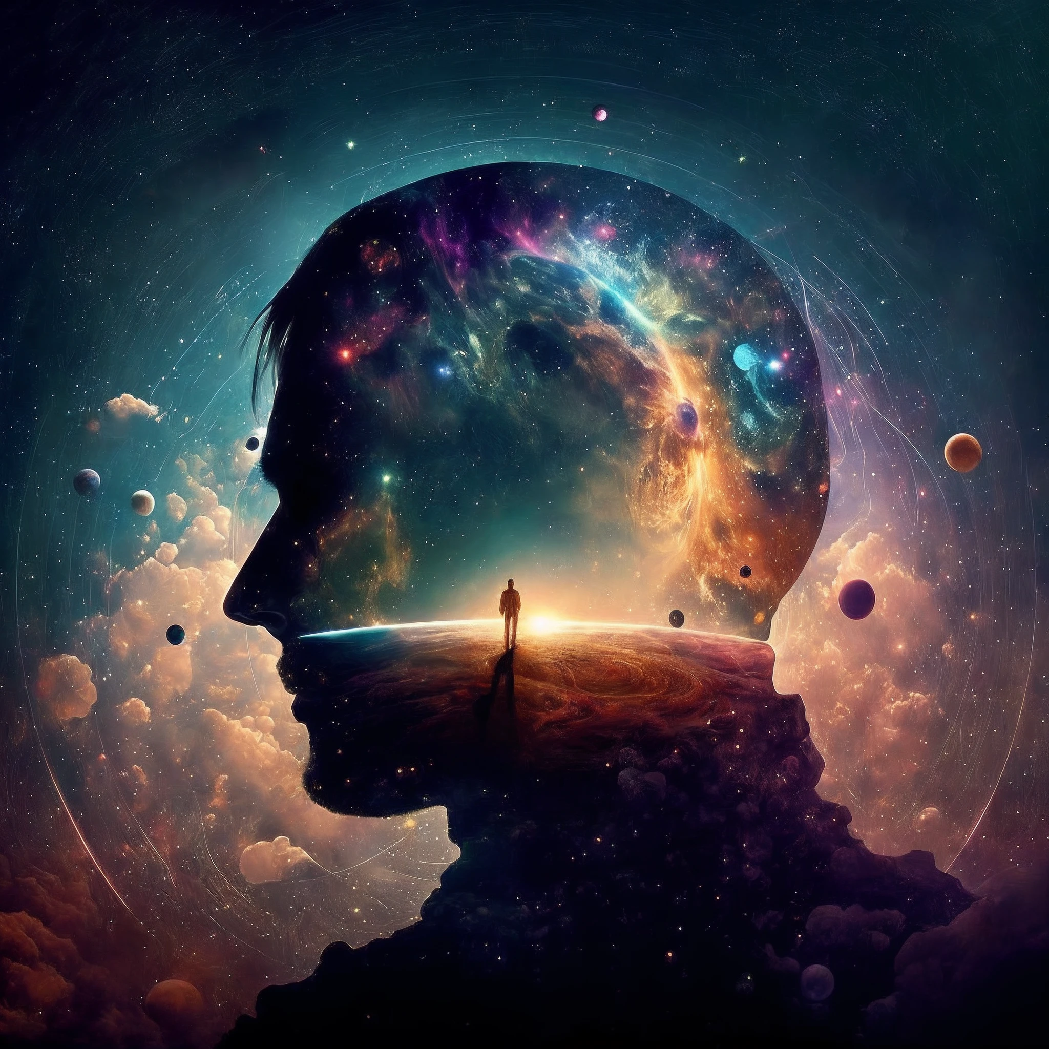 A man standing before a space full of planets, sua mente contemplando a eternidade, consciousness projection, rosto derretendo no universo, they reach into his mind, the rise of consciousness, elevated consciousness, mind exploration, rasing of consciousness, infinite consciousness, cosmic enlightenment, no plano astral ) ) ), um ser interdimensional, distributed consciousness