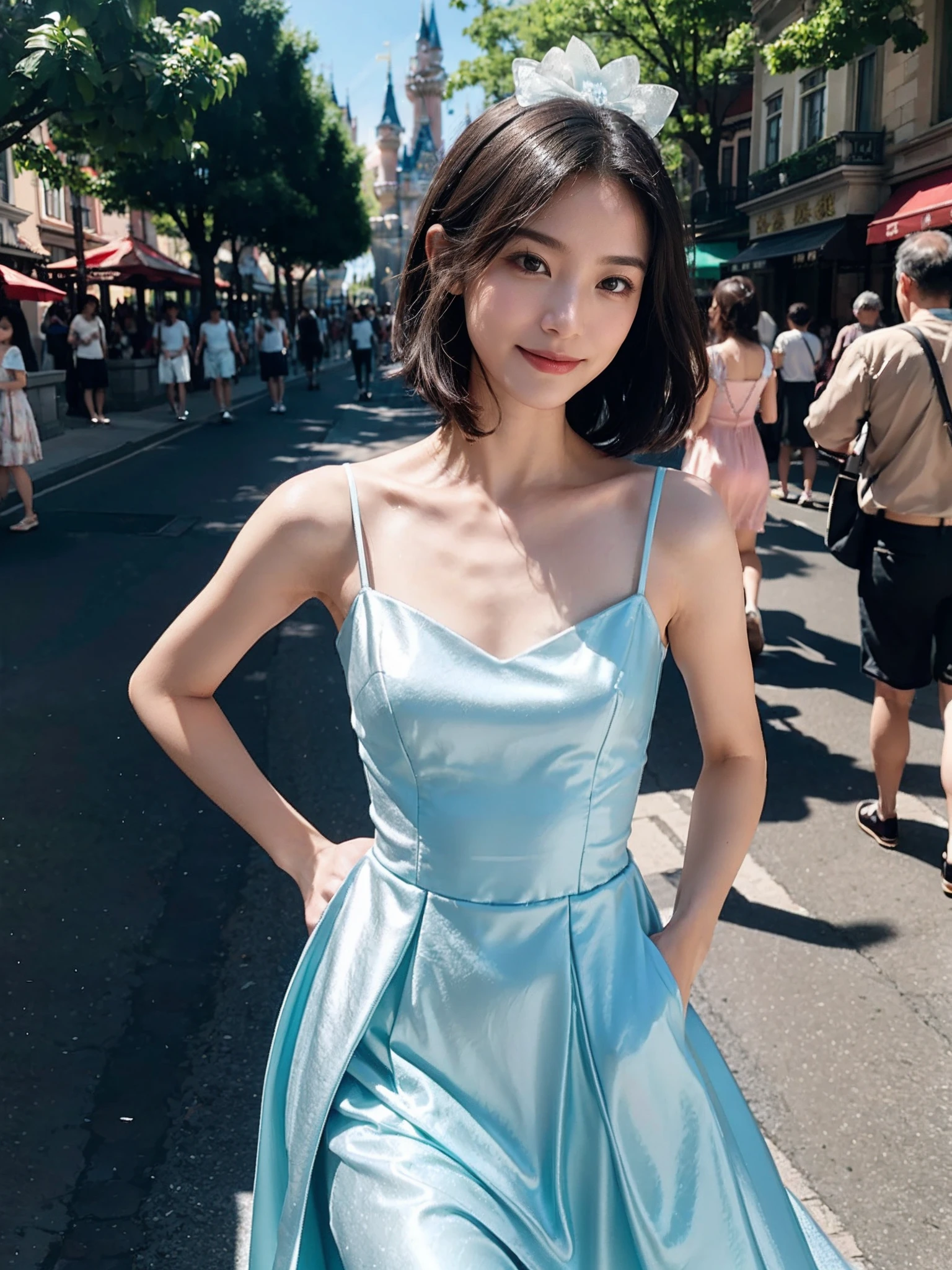 ((smallunderboob,Tomboyish,small heads)), (Well-defined abs: 1.1), (perfect bodies: 1.1), (shoulder-length straight short hair: 1.2), Black hair, upper body photos, attractive collarbone，（极其细致的CG 8k壁纸），（Extremely refined and beautiful），（Masterpiece），（best qualtiy：1.0），（超高分辨率：1.0），beautiful light up，Perfect lightning，realistic shaded，[A high resolution]，Smooth and flawless fair skin，ultra - detailed ，Elongated legs，flatchest，Slim，emaciated，Smile，cheerfulness，Gorgeous fairy tale princess ta dress，White crystal high heels,an ice cream in hand，summer，morning sunlight，At Disneyland，Large fairytale castle，sunny，blue sky，white cloud，Crowded crowds，bustling pedestrian street，Close-up