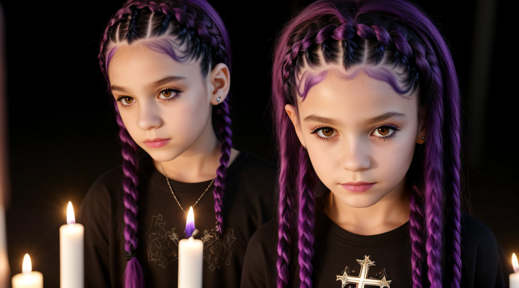 PURPLE HAIR BRAIDS KIDS CABELO LONGO, Gothic cross, cruz, CROSSES WITH LIT CANDLES in hand.