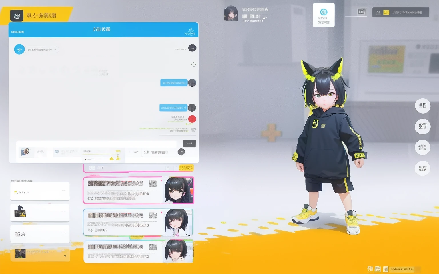 Screenshot of a person dressed in black and on a yellow background, live2d virtual youtuber model, in-game, in - game, vrchat, trending on cgstation, in game, telegraph stickers, trending at cgstation, ingame image, profile picture 1024px, jia, inspired by Cheng Jiasui, ƒ5.6