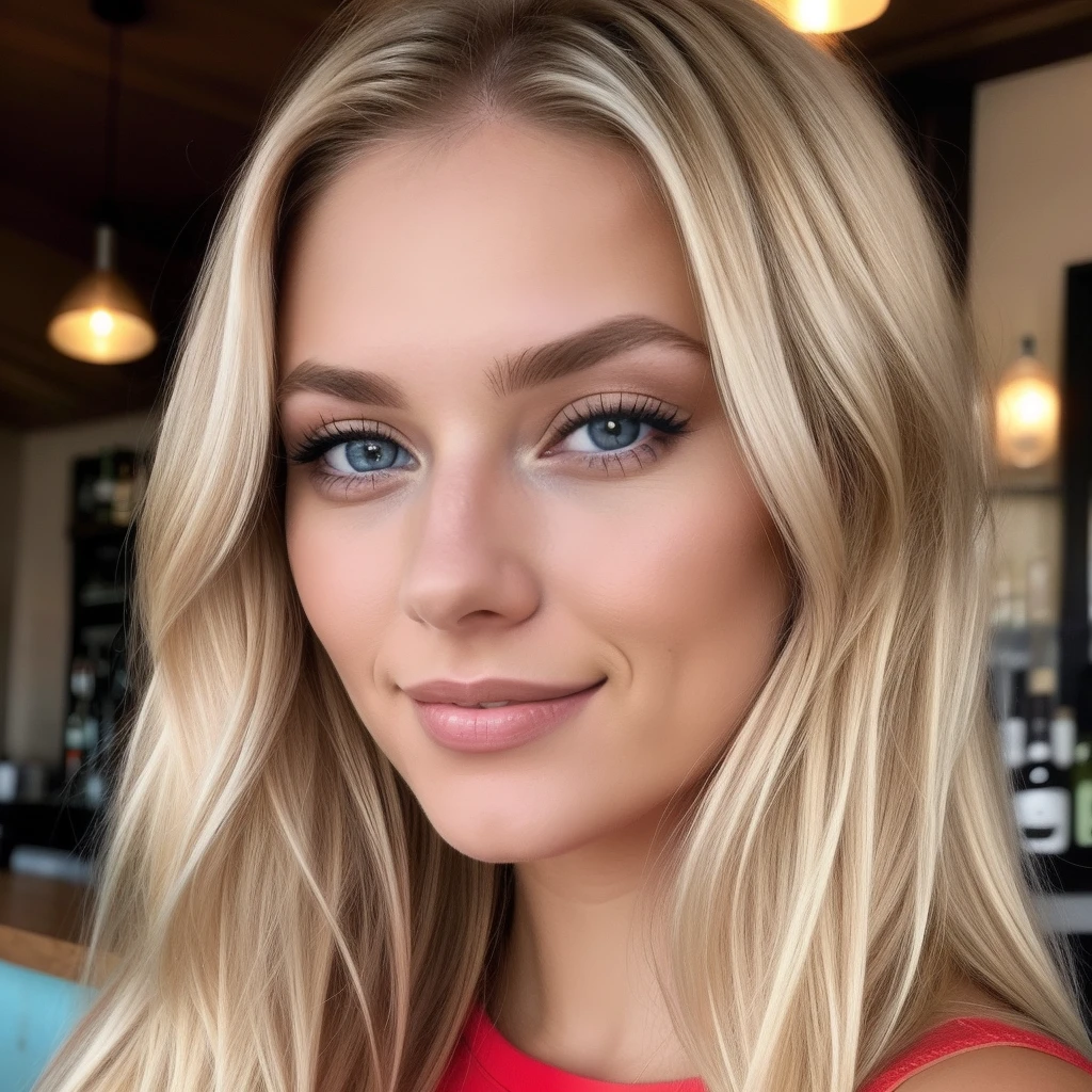 blonde woman with brown eyes, smiling, in a bar with friends, red top, blue jeans, Lara Stein, Alexandra Waliszewska, schulterlanges blondes Haar, Most beautiful woman in the world, beautiful look, Perfektes Detail, Victoria's Secret-Modell, blonde haare braun augen, keine Nahaufnahme, blonde Haare und blaue Augen, lange blonde Haare und braun Augen, ohne Augenbrauen