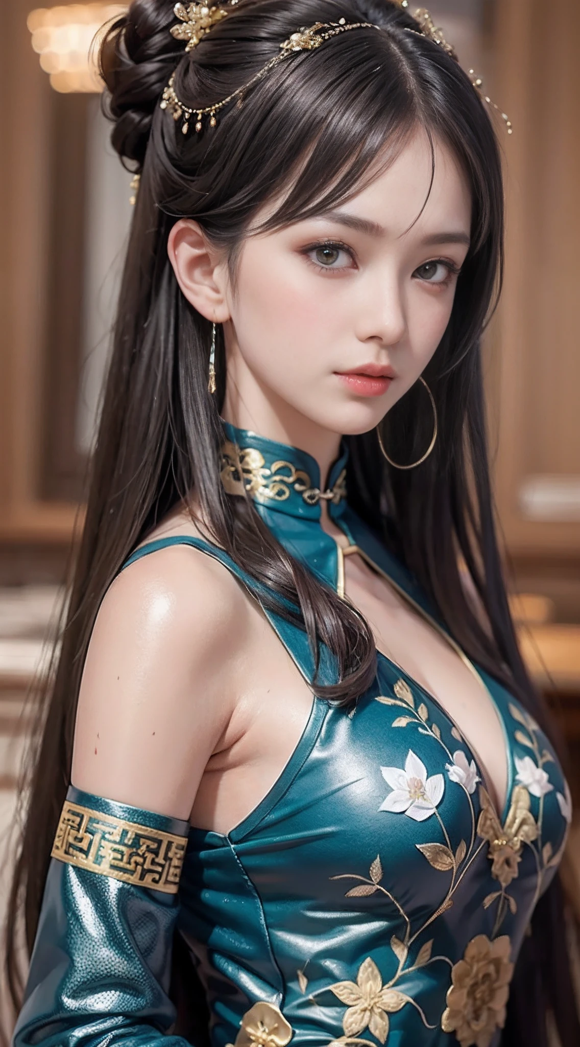 (from front:1.5),POV,China,Dark Big Oriental eyes,Black long hair gathered in a Chinese ponytail,metal shoulder,Blend of blue gold,white Pattern, Dragon Pattern,arms behind back,hands behind heads, black lence stockings,Strangle,smile,ultra high res, (photorealistic:1.4), raw photo,16K,dramatic lighting,small breast,