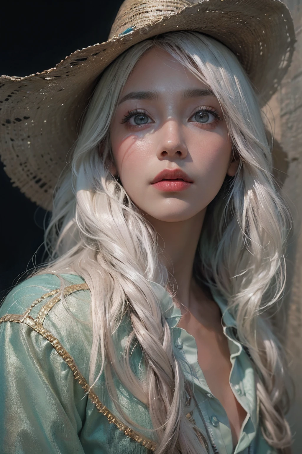 Hyperrealist portrait of female by david hockney and alphonse mucha,fantasy art, photo realistic, dynamic lighting, artstation, poster, volumetric lighting, very detailed faces, 4 k, award winning,, 1girl, in the dark, deep shadow, low key,cowboy shot,(official clothing:1.4) ,long hair,white hair,