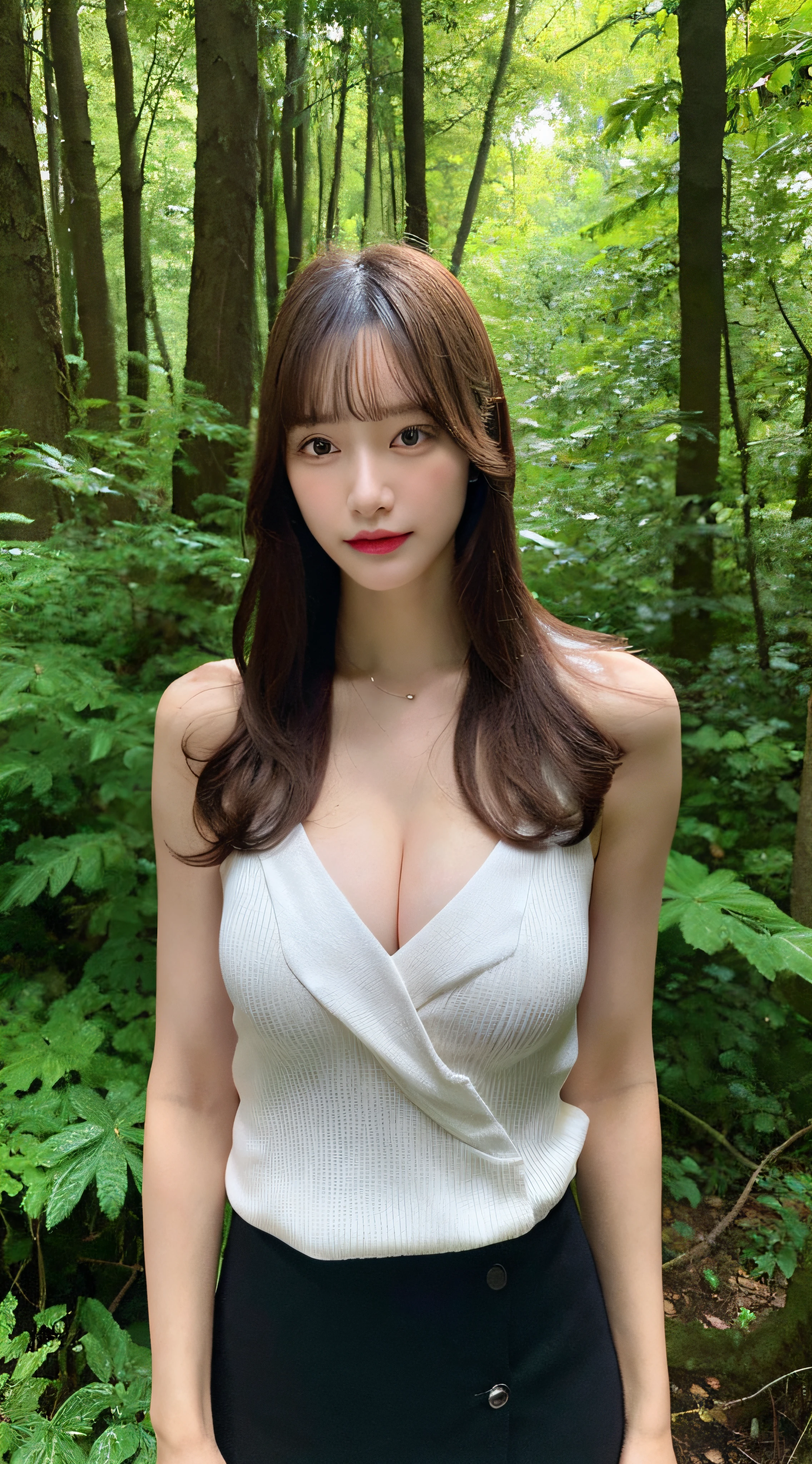 (Realistic, high resolution:1.3), 1 girl with perfect figure, Super fine face and eyes, Long hair, Wrap the chest,Tight hip wrap skirt, ln the forest, Big breasts, Exposed cleavage,Long legs,high-heels,Full body photo