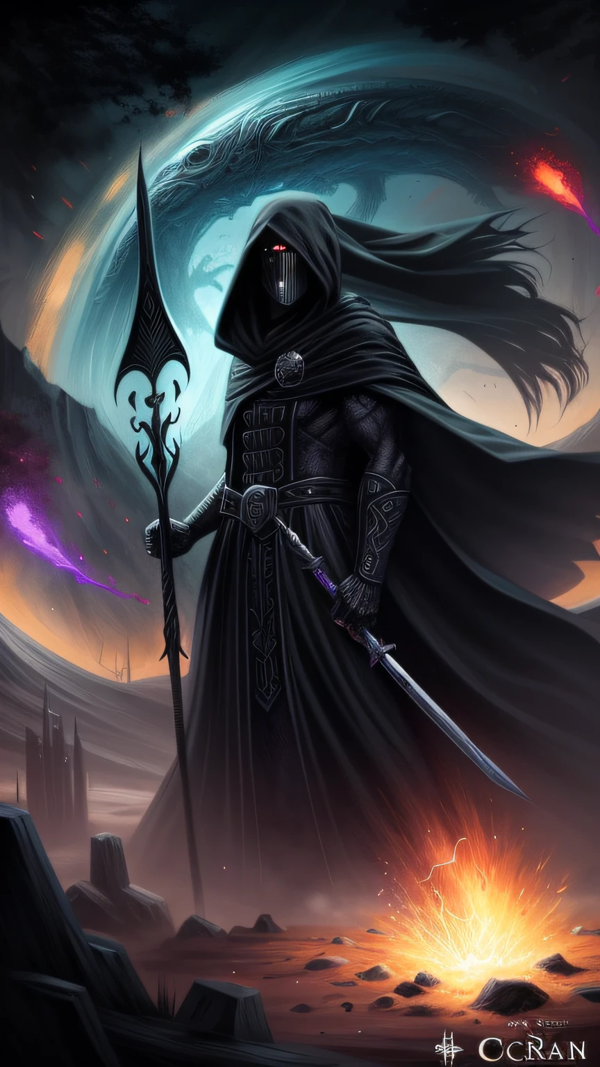 A man in a black robe holding a spear and a shield, necromante de capa escura, Wraith com capuz escuro, epic scifi fantasy art, arte de estilo fantasia escura, feiticeiro negro, epic fantasy illustration