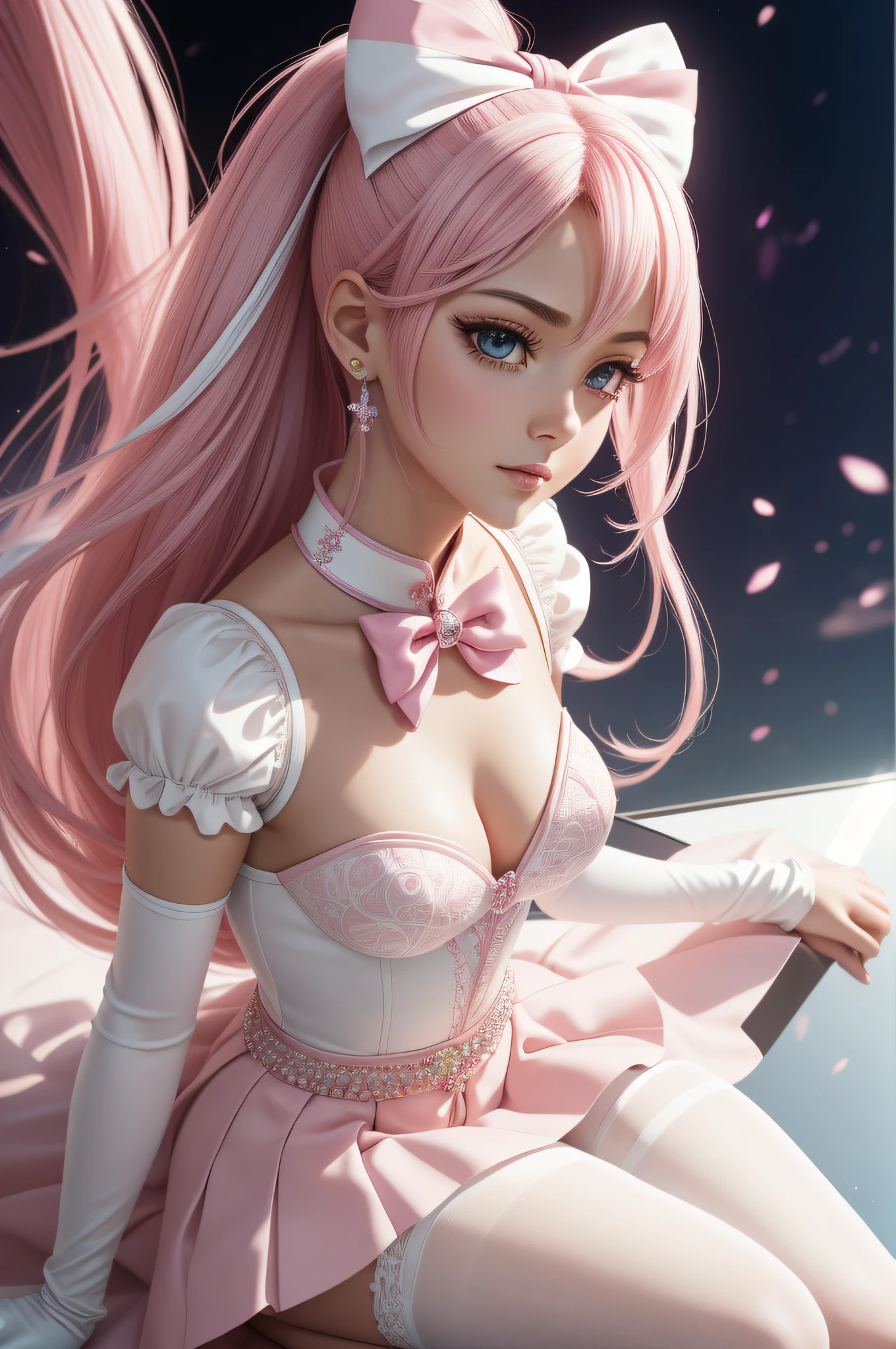 Arti modern anime. angled view, face closeup action portrait beautiful "Chibiusa", leaning forward, slim body, highly ornamented and detailed "pink crystal skirt", "white top" "white gloves", "red chest bow", angle, "pink knee high heel boots", pantyhose, depth of field blur effect, night, photorealistic. cinematic lighting, highly detailed. best quality, 4k, Better hand, perfect anatomy, coy cute flirty focused expression, looking at a reflection