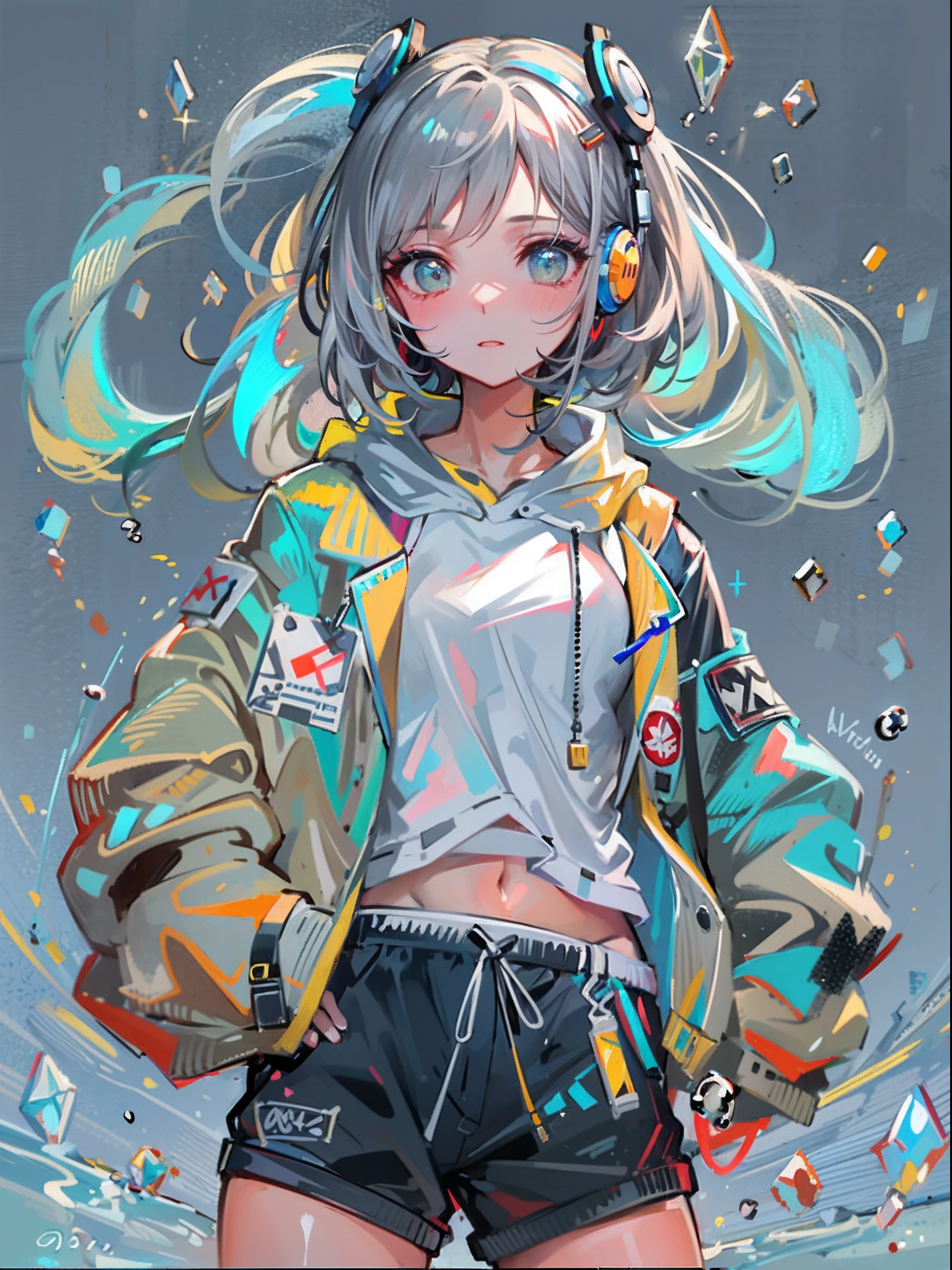 8K分辨率、((top-quality))、((masterwork))、((ultra-detailliert))、1 woman、独奏、incredibly absurdness、Oversized Hoodies、headphones、street、plein air、Sateen、neons、Shortcut Hair、Brightly colored eyes、Hands in pockets、shortpants、water dripping