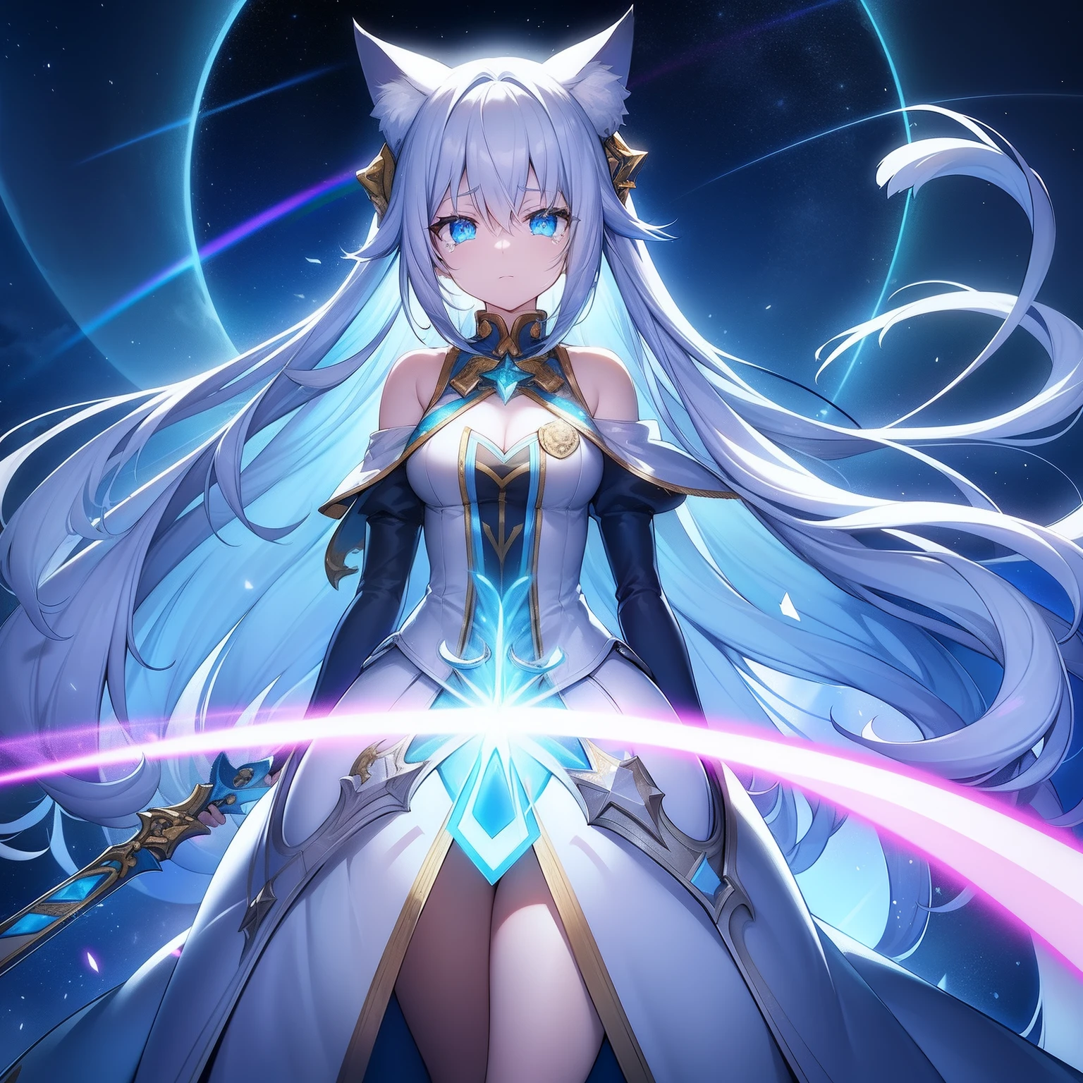 Cat's ears,hair is white and long,Goggles shine on her head,Her skin is pale, A blade of light enveloped me like a snake in interstellar wind,Unleash the Blade of Light, Highest Quality, Carry a blue cloak with war maiden decorations,Raise the rainbow sword of the brave, ((sad))((Big tears)), 8 Blue Light Sword,Blade of Light,Lens Flare, Big rainbow,The moon shines,Star chips, bloom, ((light glow)), chromatic abberation], Digital Painting, Insane details, Intricate details, Beautifully color graded, Unreal Engine, Cinematic , colour grading, Editorial Photography , Photography, Photo Shot, Shot on 70mm lens, depth of fields, degrees of freedom, Tilt Blur, Shutter Speed 1/1000, h/22