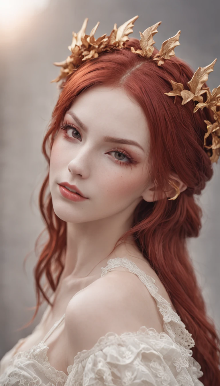 a beautiful female demon、red hairs、de pele branca、bewitching