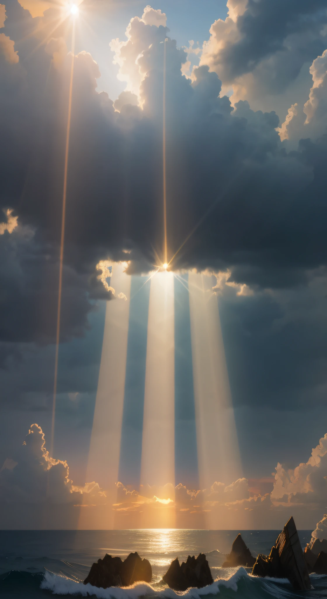Sunlight shines through the clouds over the ocean,In the foreground is a small boat heading towards the middle of the sea, beams of light from sky, rays of god shining from above, shafts of light god rays, light coming from above, light coming from above, sunlight penetrates the clouds, god light shafts, light of god, beam of light, holy light rays, sunlight penetrates the clouds, beam of light