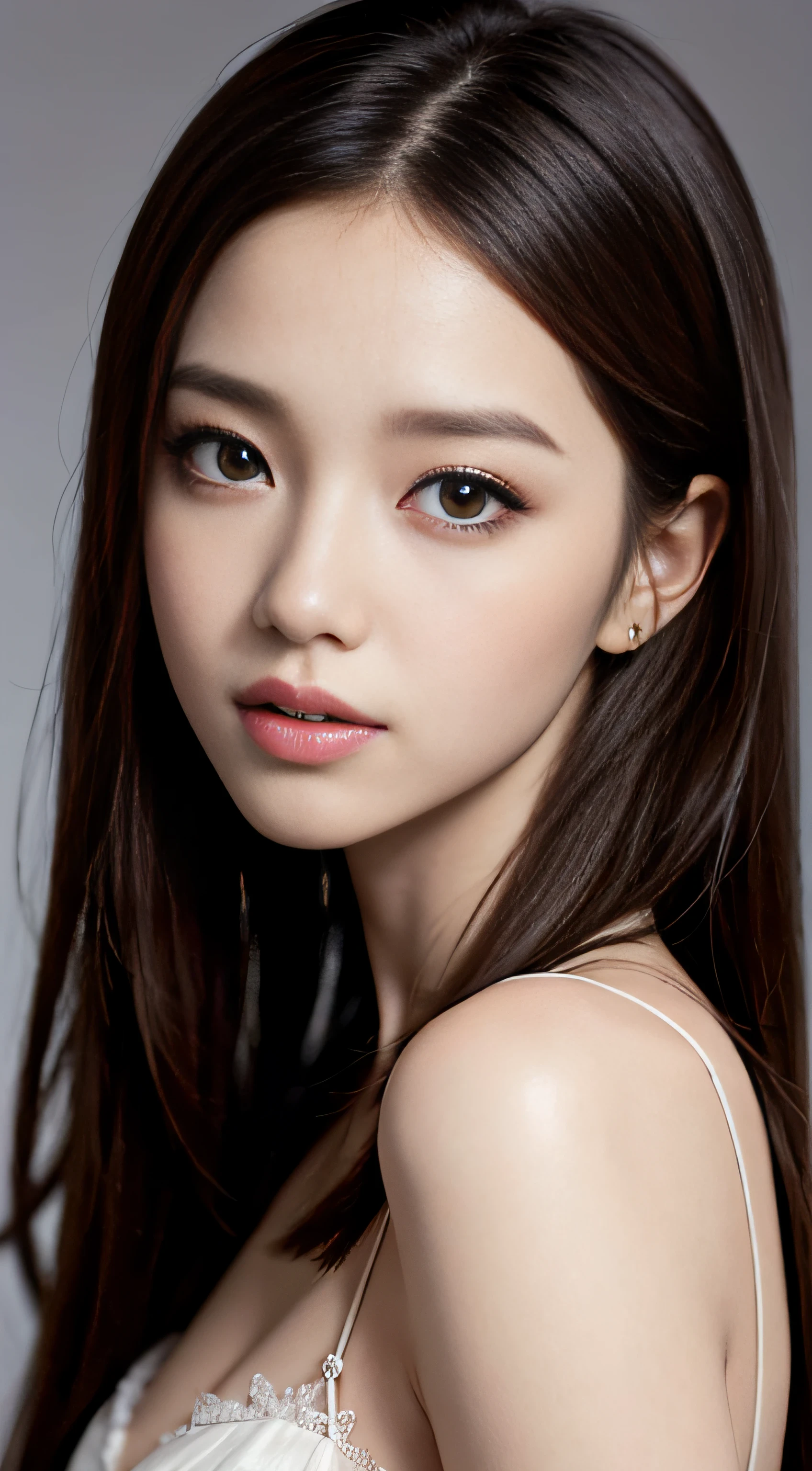 (best quality,4k,8k,highres,masterpiece:1.2), ultra-detailed, (realistic,photorealistic,photo-realistic:1.37), (female portrait), (face close-up), Japanese idol, beautiful detailed eyes, beautiful detailed lips, extremely detailed eyes and face, long eyelashes, brown hair, long hair, brown eyes, naked, nude, detailed lighting, HDR, UHD, studio lighting, ultra-fine painting, sharp focus, physically-based rendering, professional, ((Dark background)), modern, contemporary, color grading, soft lighting,