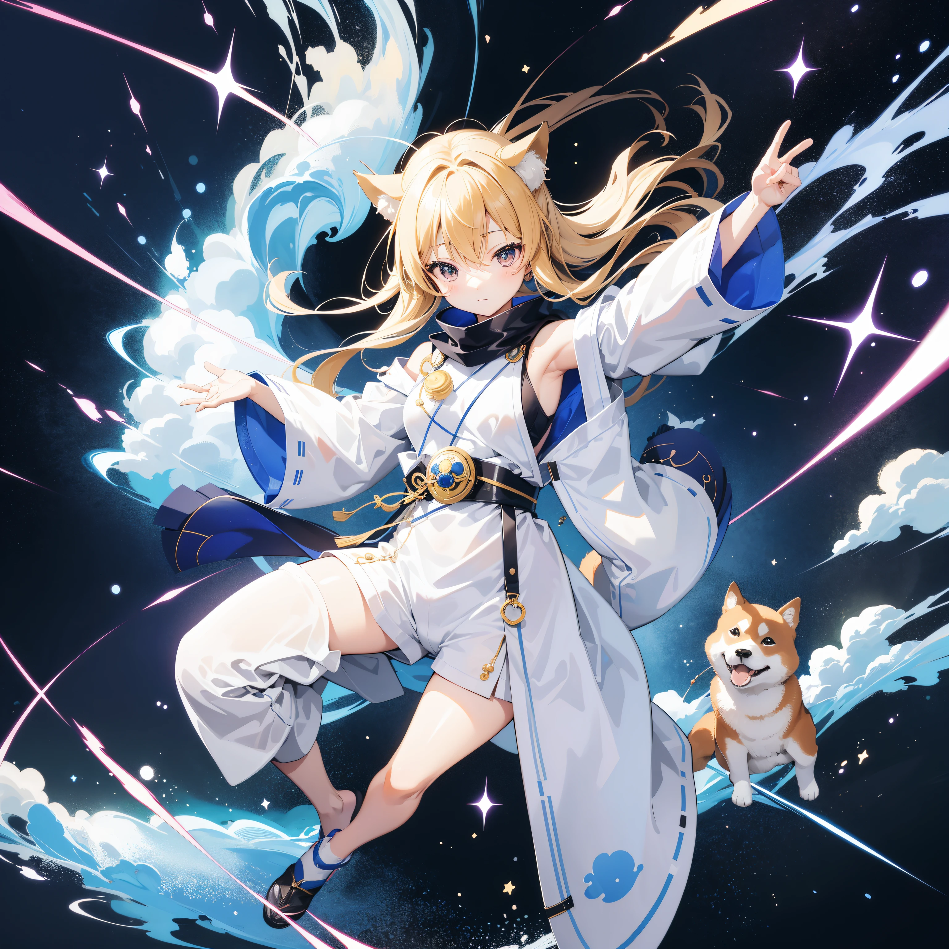 Shiba dog、The body has a cosmic pattern、Space patterns up to the eyes and ears、cute little、One horse、From various angles、Shiba Inu only、Shiba Inu's body has a pattern of space stardust、