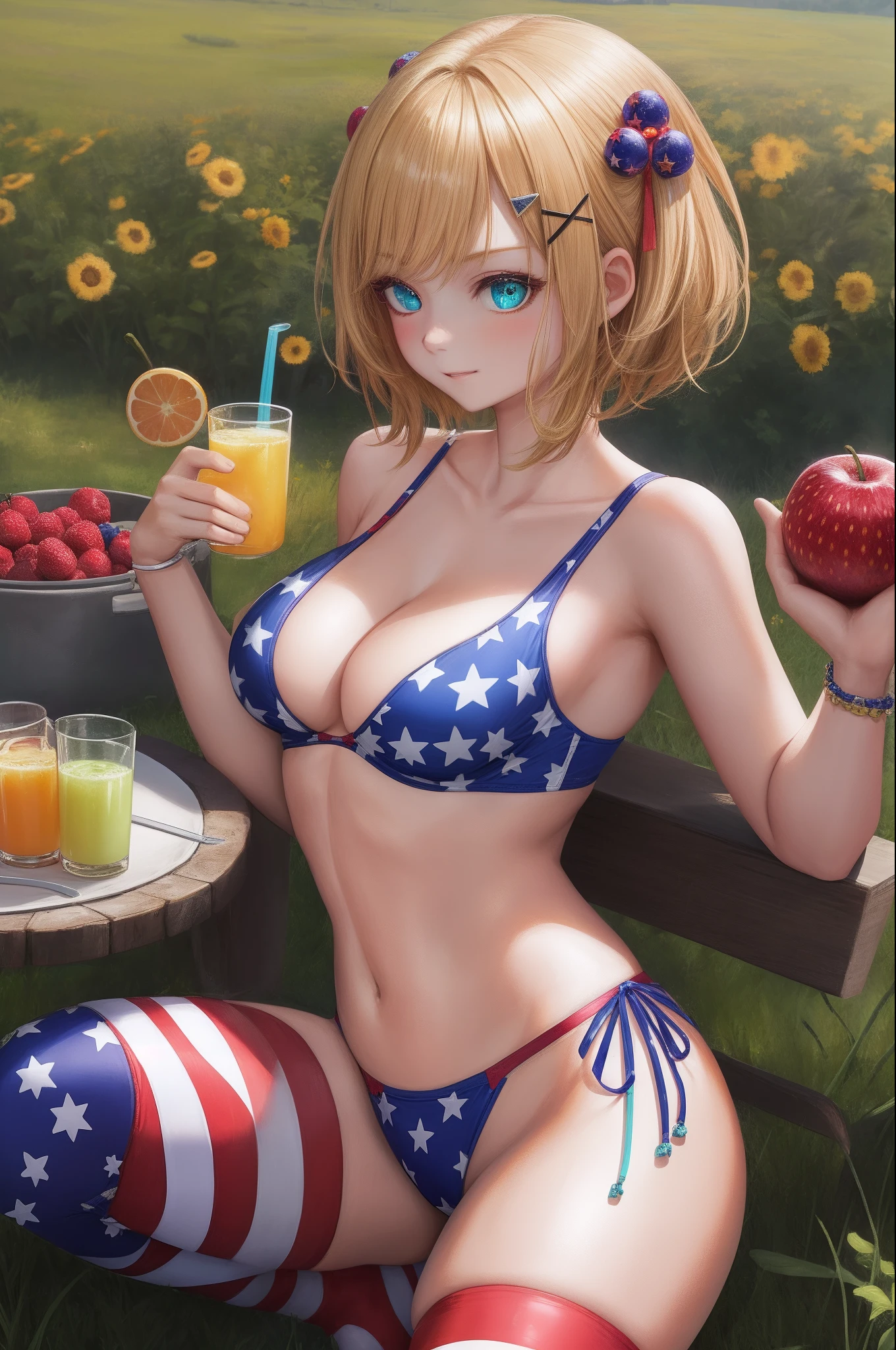 masterpiece, best quality, day, in a meadow, highres, idol, short hair, blonde hair, hime_cut, crossed bangs, x hair ornament, naughty_face, aqua eyes, medium breasts, breasts out, no bra, no_panties, american flag legwear, uwabaki, _juice, fruit_insertion, vibrator,