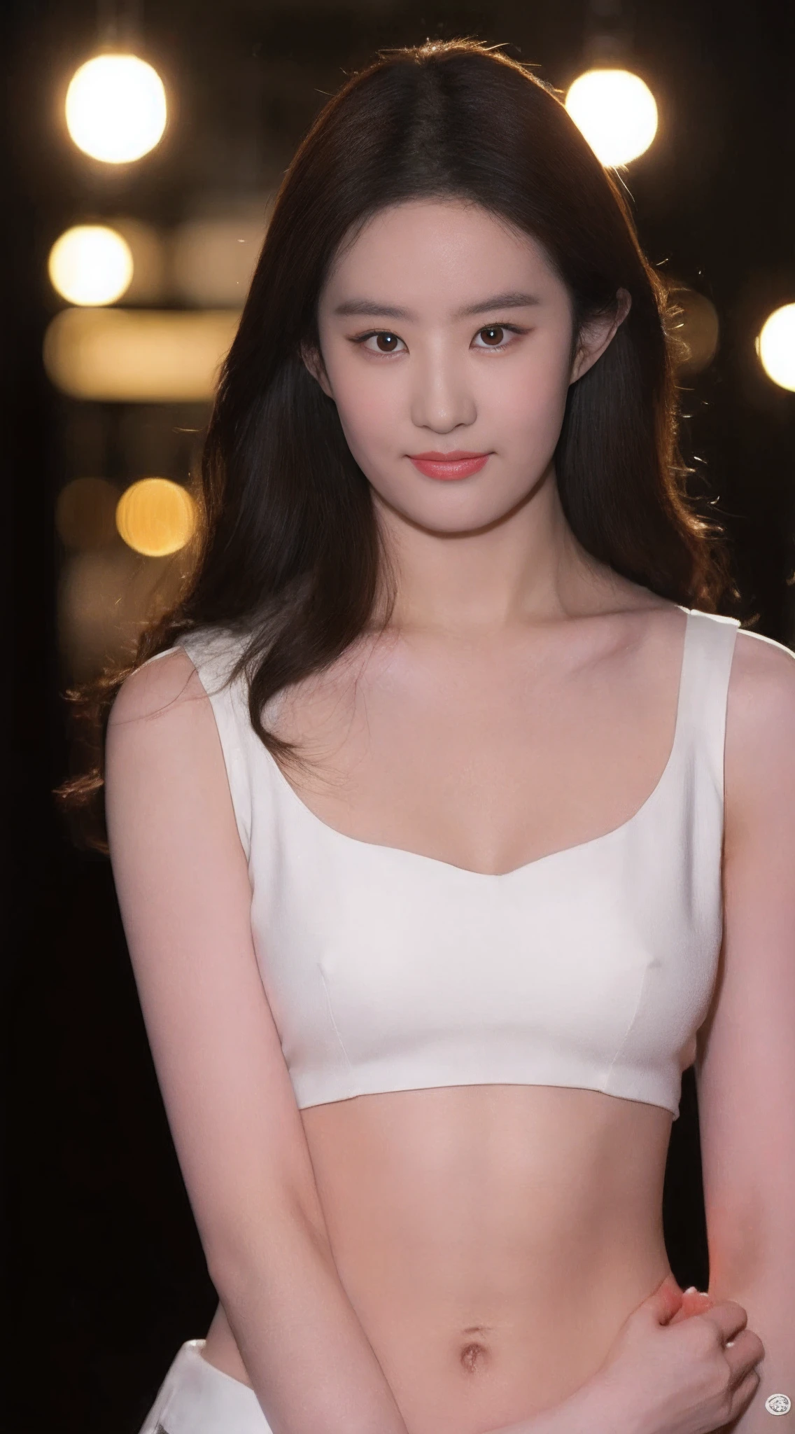 ((Realistic lighting, Best quality, 8K, Masterpiece: 1.3)), Clear focus: 1.2, 1girl, Perfect beauty: 1.4, Big breasts: 1.2, Slim abs: 1.1, ((dark brown hair)), (White crop top: 1.4), (Outdoor, night: 1.1), City streets, Super fine face, fine eyes, Double eyelids,