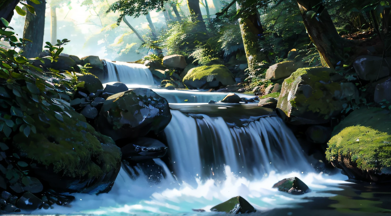 A magical scene of a small waterfall in the forest, obra de Mei Nakamura, water flowing in gentle falls, musgo cobrindo as pedras, folhagem densa ao redor, atmosphere of wonder and mystery (melhor qualidade), (8K resolution), (ultra highres)