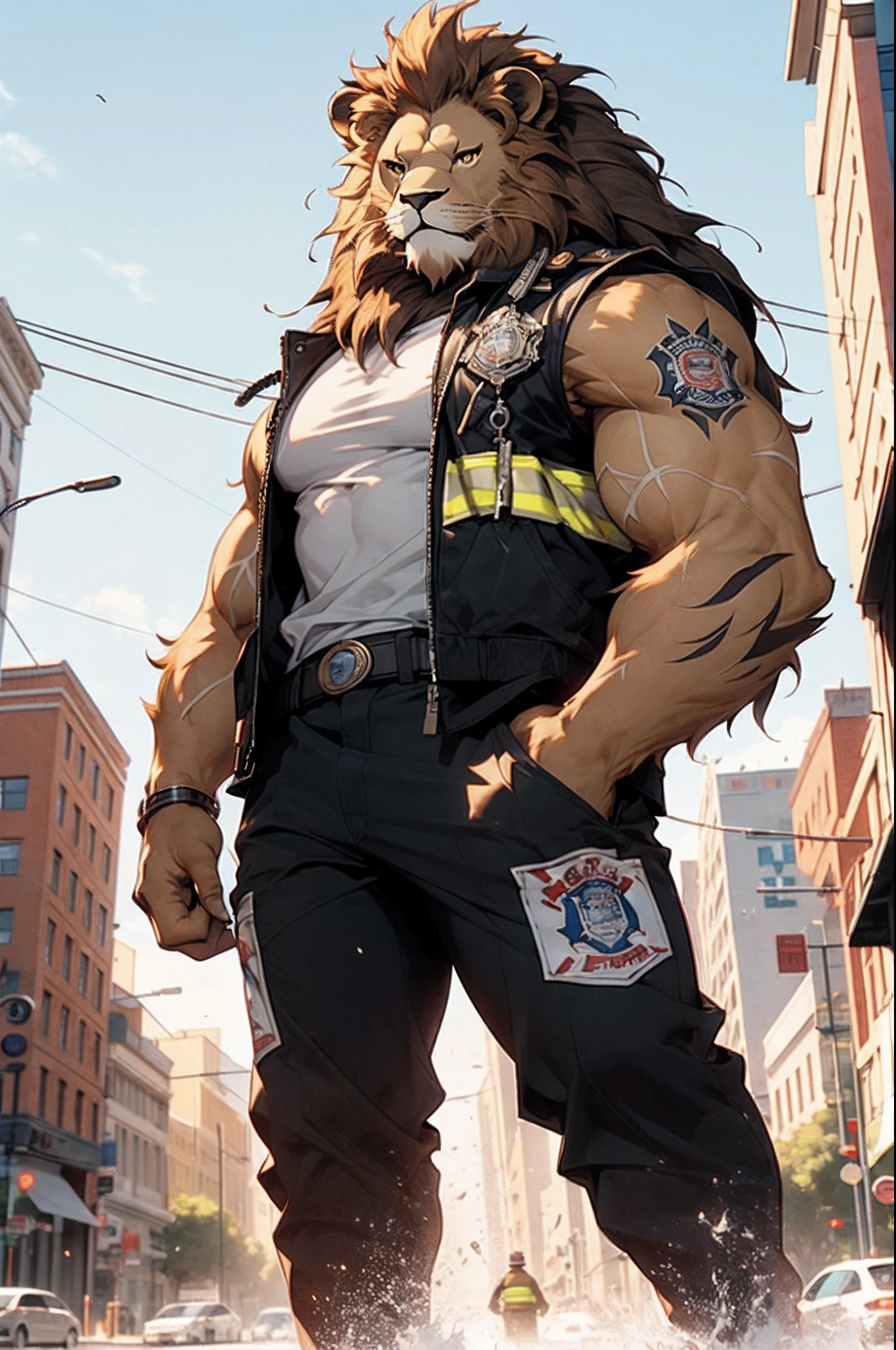 ((solo, 1boy)), (A strong and muscular man (furry lion) standing confidently on a urban city), (as firefighter)