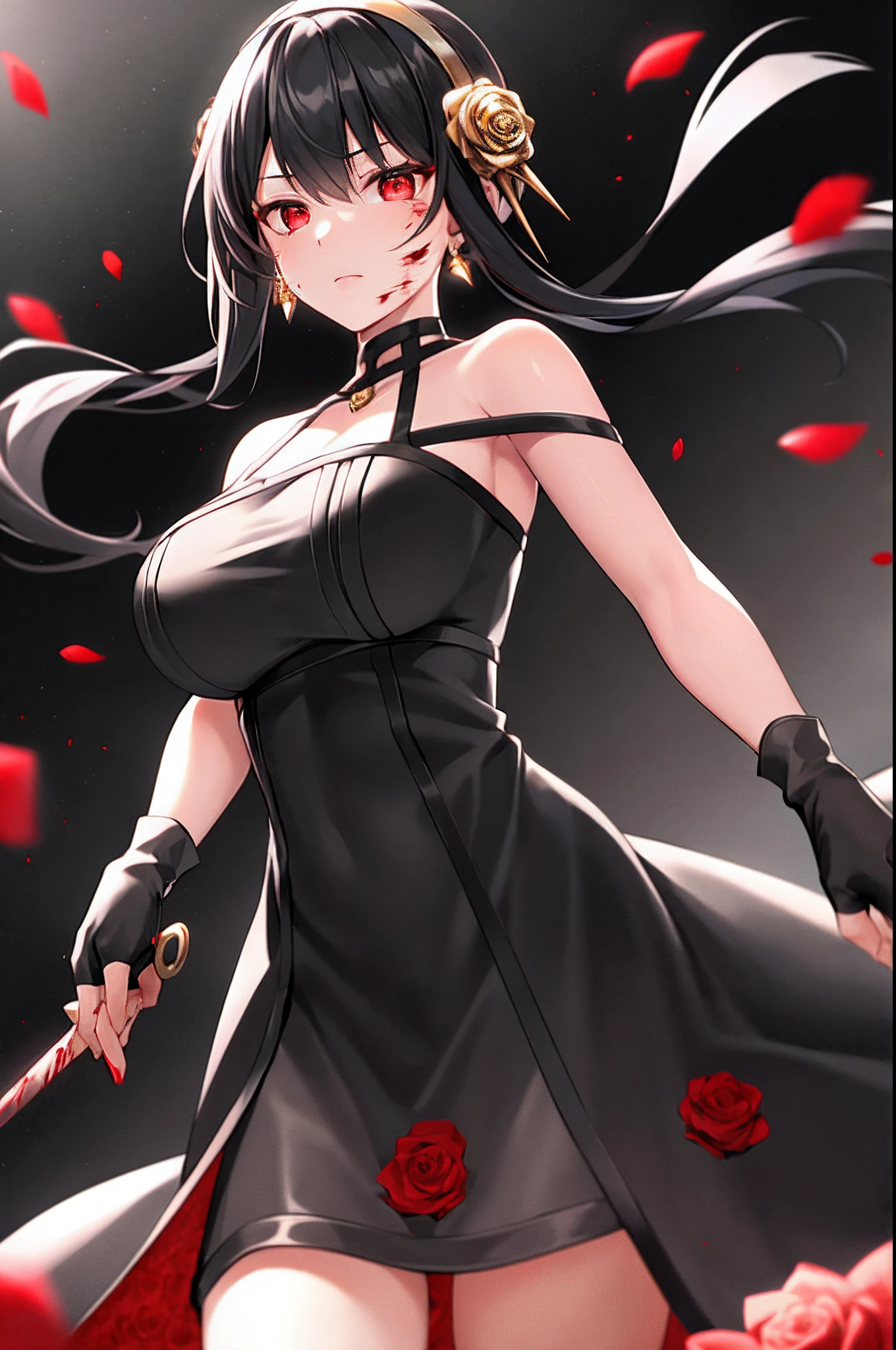 yor briar,
1girl, backlighting, bare shoulders, black background, black dress, black gloves, black hair, blood, blood on face, blood on weapon, breasts, closed mouth, cowboy shot, dress, earrings, expressionless, fingerless gloves, floating hair, floral print, flower, gloves, gold earrings, gold hairband, hair flower, hair ornament, hairband, holding, holding weapon, jewelry, large breasts, light particles, long hair, looking at viewer, off-shoulder dress, off shoulder, petals, red eyes, rose, rose petals, rose print, short hair with long locks, sidelocks, solo, spikes, thighs, two-sided dress, two-sided fabric, weapon
, ((masterpiece))