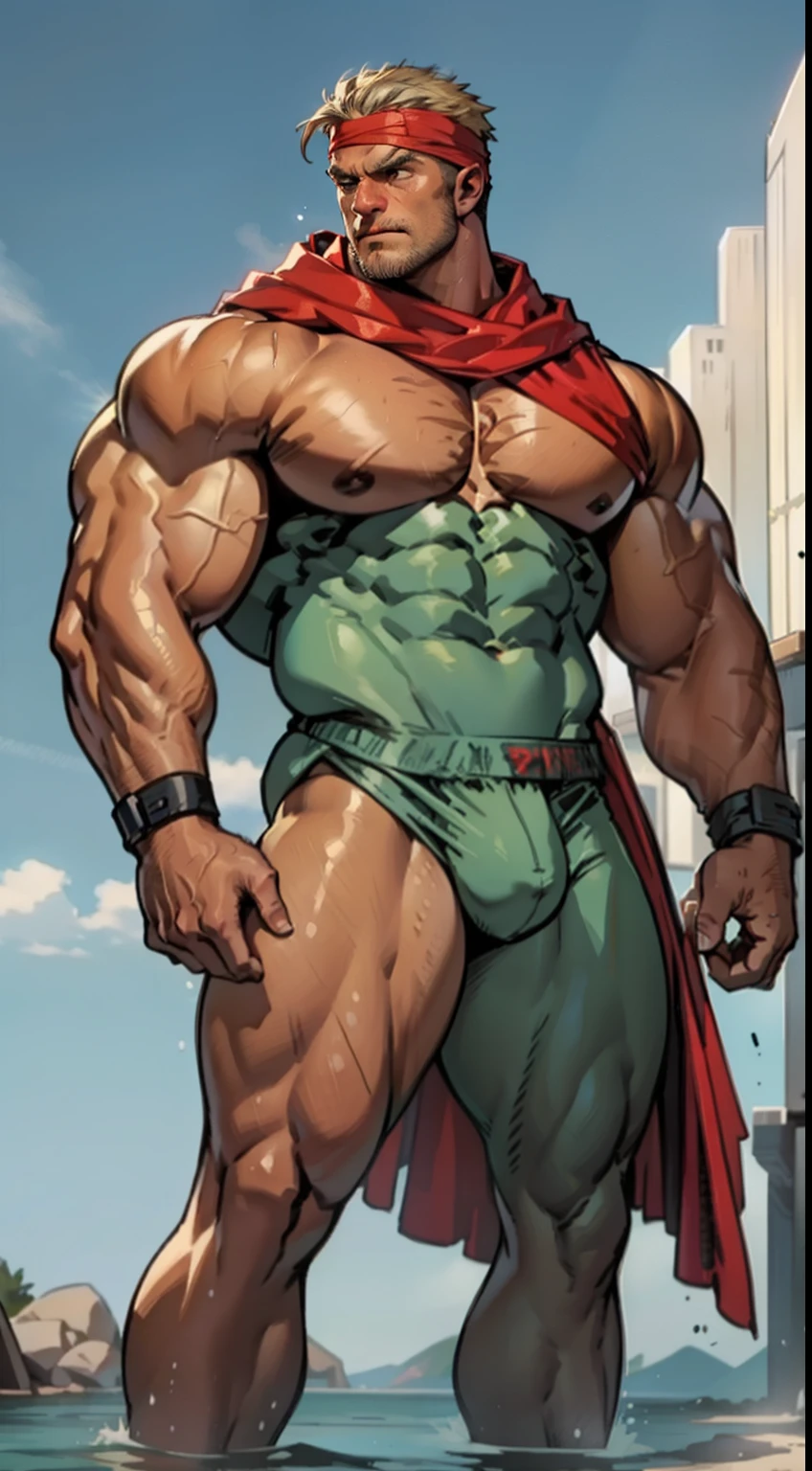 A middle-aged and elderly muscle man，50yearsold，short detailed hair，vast pecs，Broad shoulders，Huge crotch bulge，Broken bodysuit，super heroes，Cloak，blindfolds，Very little fabric，Skinny white briefs，Bare thighs to feet，Indecent expressions，Indecent pose，Male gaze，Wet the body，Spray urine，High picture quality，high detal，full bodyesbian，in a panoramic view，tmasterpiece，