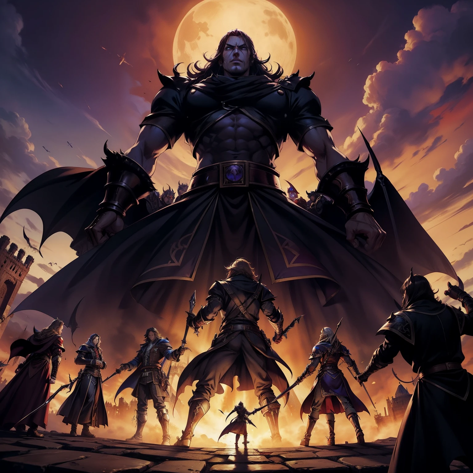 Hyper realistic Castlevania Super Detailed Shadow Lords leading troops armed with demons surrounding the great Moroccan castle to fight Epic