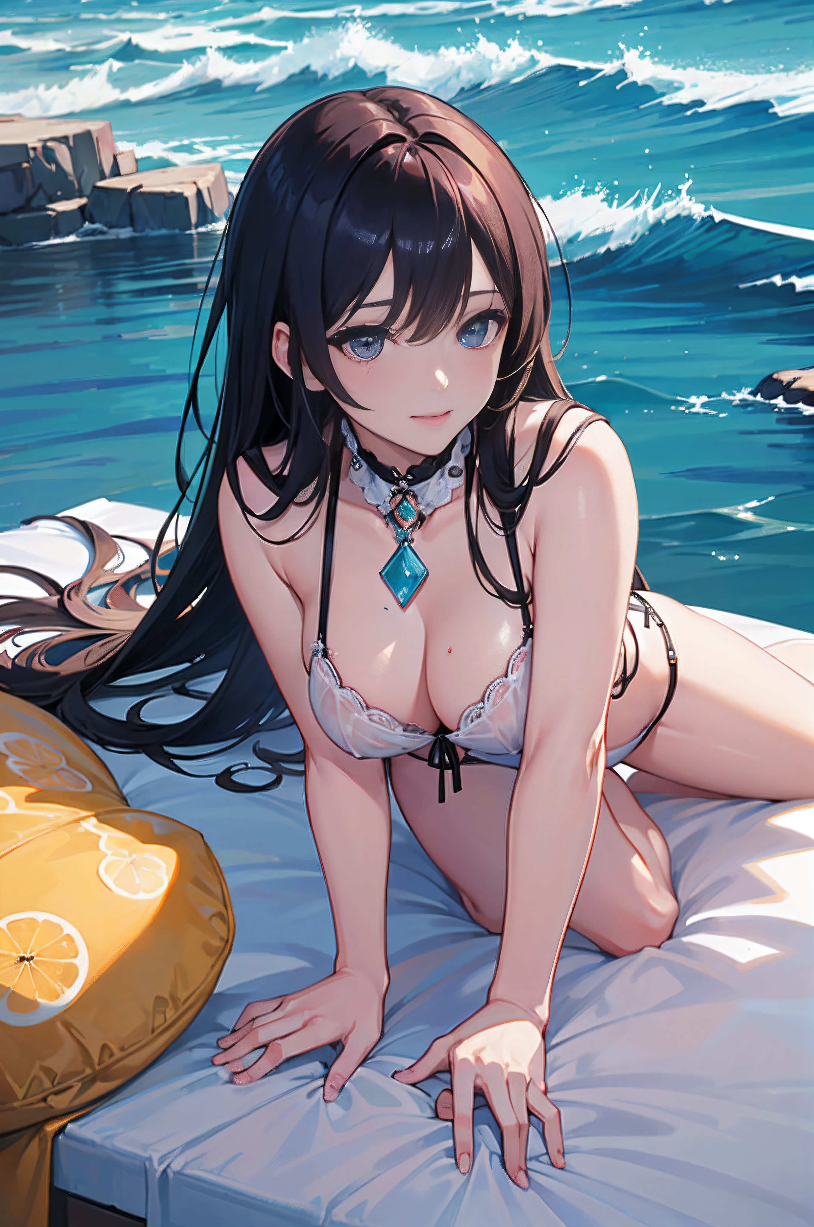 ((Sexy and beautiful woman lying on the beach bed and looking up at me)), ((cutest 20 year old beauty)), charming smile, ((seaside resort)), ((very long hair) ), ((See-Through Fashion)), ((Rich Bust)), Gradient Eyes, Seductive Makeup, Single View, NFFSW, UHD, retina, masterpiece, ccurate, anatomically correct, textured skin, super detail, high details, high quality, award winning, best quality, highres, 1080P, HD, 4K, 8k, 16k