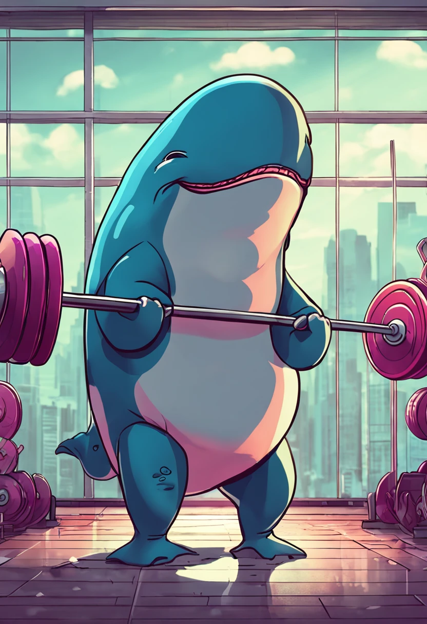 Fitness whale lifting barbell in gym,Piece manga