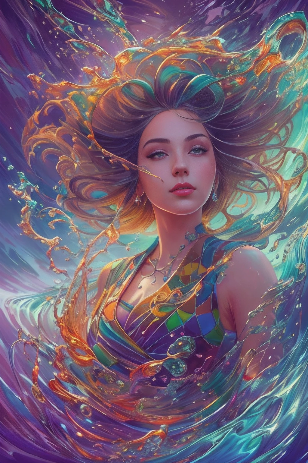 ModelShoot style, (Extremely detailed Cg Unity 8K wallpaper), A chaotic storm of intricate liquid smoke in the head, Stylized abstract portrait close-up of beautiful girl, Extremely colorful,Oil paints,acrycle painting,tmasterpiece,Renaissance style,best qualtiy,Bright colors,Thick lines,wave,Multi-layered,foreground、Faraway view、author:Petros Afshar, ross tran, tom whalen, Peter Mohrbacher, Art germ, Broken glass, ((bubbly underwater scenery)) Radiant light octane rendering is highly detailed