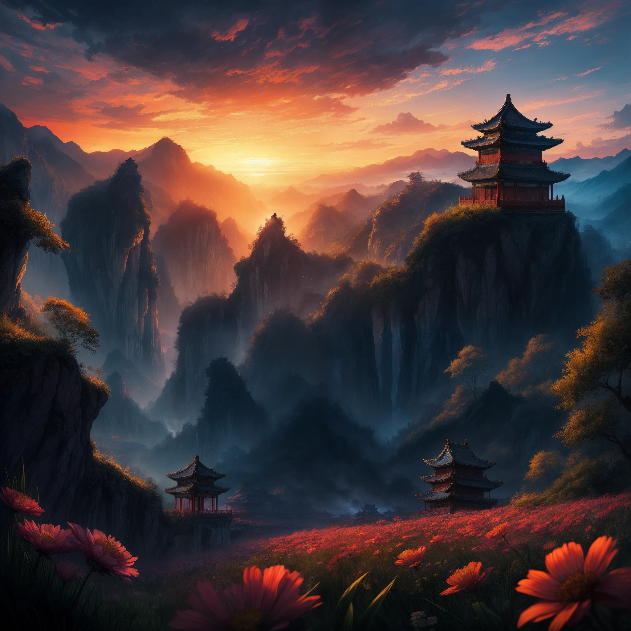 (((Overlooking the perspective))), comic watercolor & oil painting illustrations, Showing a ((Chinese palace complex)) in the valley before sunset, in the style of Liam Wong, tranquil serenity, 2D game art, uhd graphics, vibrant color palette, Watercolor comics & Oil paintings by Joseph Christian Ryndek & The paintings by Joseph Christian Ryndek & the paintings by Joseph Farleigh & James Jean & Anders Zorn & Jeremy Mann & Alfansmuzzar, moving images, flower punk, intricate intricate details, dynamic, dramatic lighting, backlighting, raking, vivid colors, Sunset, cumulus clouds, more detailed, the movie feeling of lighting, long shadow, saturated contrast