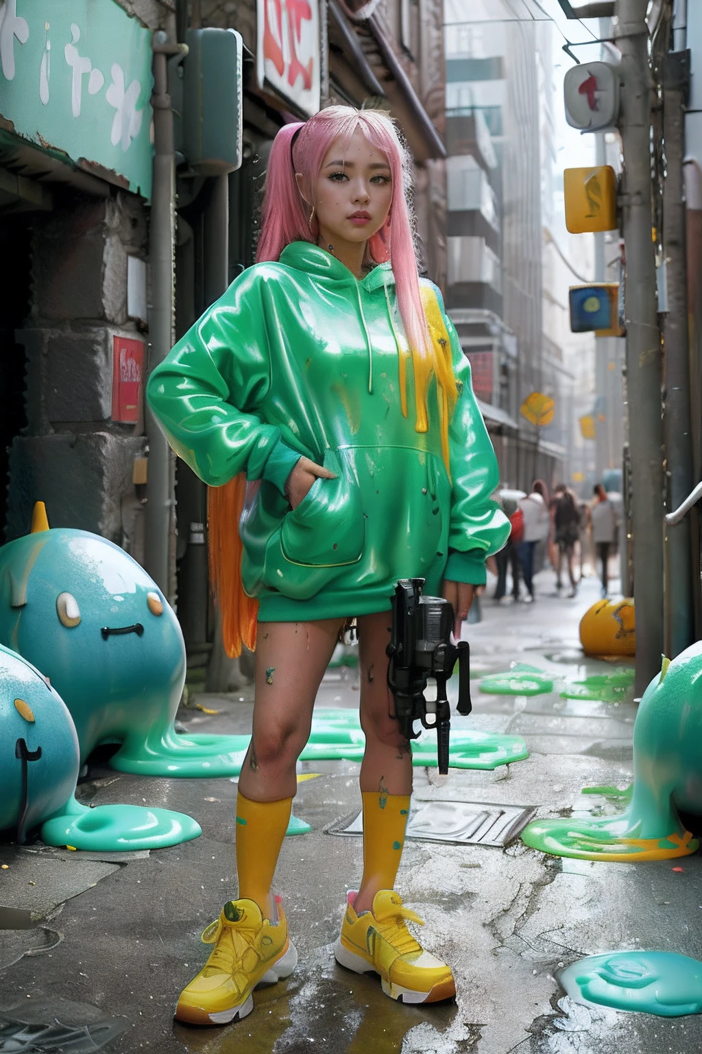 1人の女性、25-years old、masterpiece、top-quality、ultra-detailliert、raw、japanes、a blond、(Curvaceous:1.4)、Smaller face、makeup、eyeshadows、Pink lip、Have a big gun、gals、Big breasts、Contrasty、Green Slime AI、Blue slime、Red slime、Orange slime、Purple slime、Yellow slime、pink slime、Yellow Slime Cave、Oversized jersey dresses、Torn and tattered clothes、Big sneakers、sockes、Slime splattered all over the city、Undressing、Unconventional, Sexy appearance, Dynamic Pose, Boss Mode, Signs of a gang,, Statement Accessories, Jewelry, (Hip Hop Art:1.2), (Eric Coleman:1.4), Tattoos, Street gangs, Secret alley,