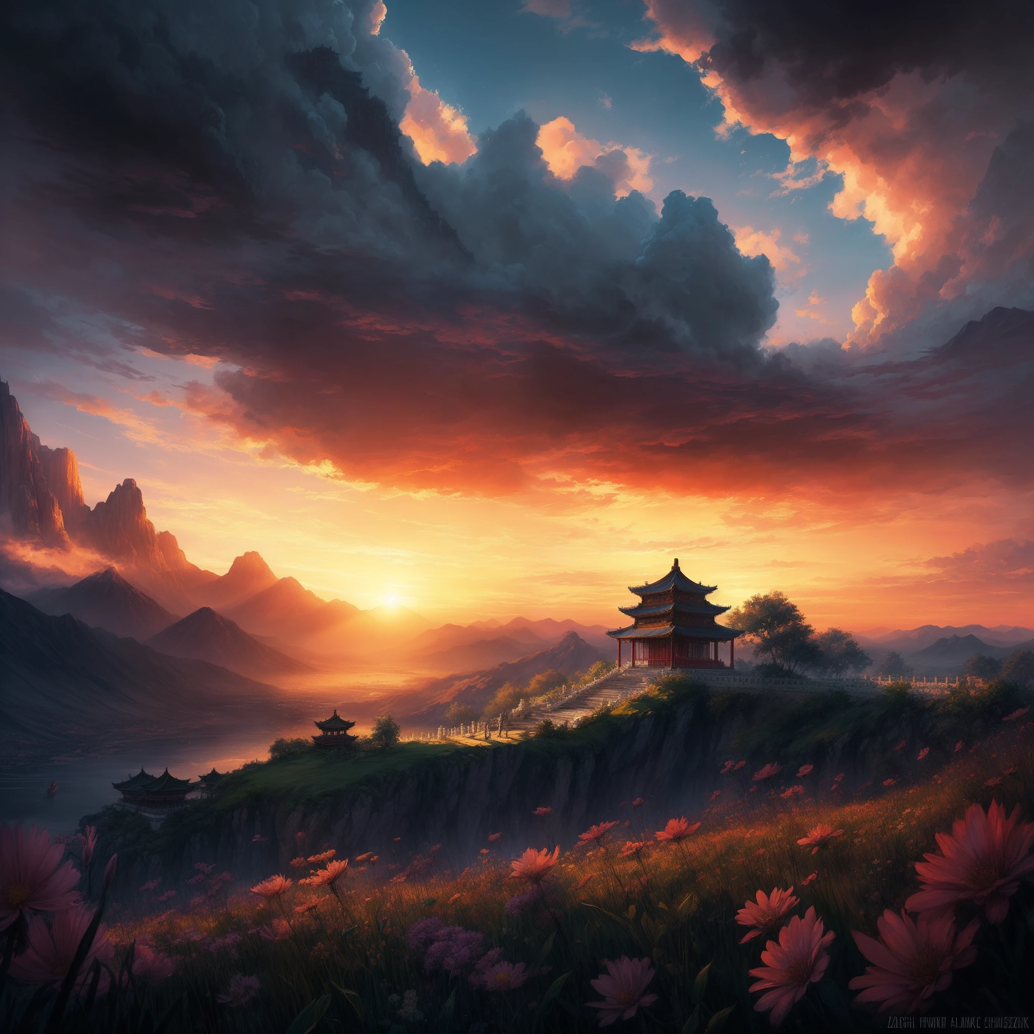 (((Overlooking the perspective))),  comic watercolor & oil painting illustrations, Showing a ((Chinese palace complex)) in the valley before sunset, in the style of Liam Wong, tranquil serenity, 2D game art, uhd graphics, vibrant color palette, Watercolor comics & Oil paintings by Joseph Christian Ryndek & The paintings by Joseph Christian Ryndek & the paintings by Joseph Farleigh & James Jean & Anders Zorn & Jeremy Mann & Alfansmuzzar, moving images, flower punk, intricate intricate details, dynamic, dramatic lighting, backlighting, raking, vivid colors, Sunset, cumulus clouds, more detailed, the movie feeling of lighting, long shadow, saturated contrast