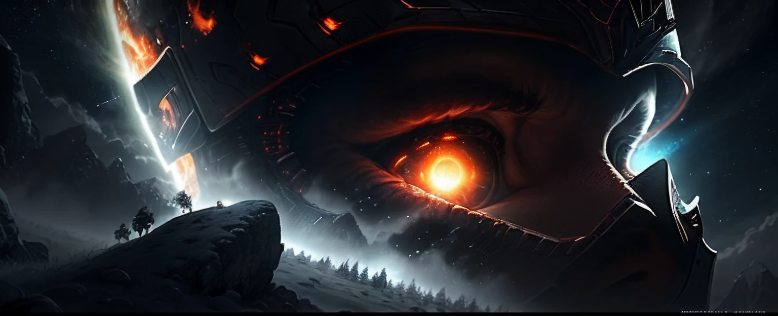 Crie um monstro nunca visto na terra, como se fosse um anjo do inferno contra um anjo dos ceus, espadas e armadura, escuridao vs luz, ao mundo destruido, High resolution 4K