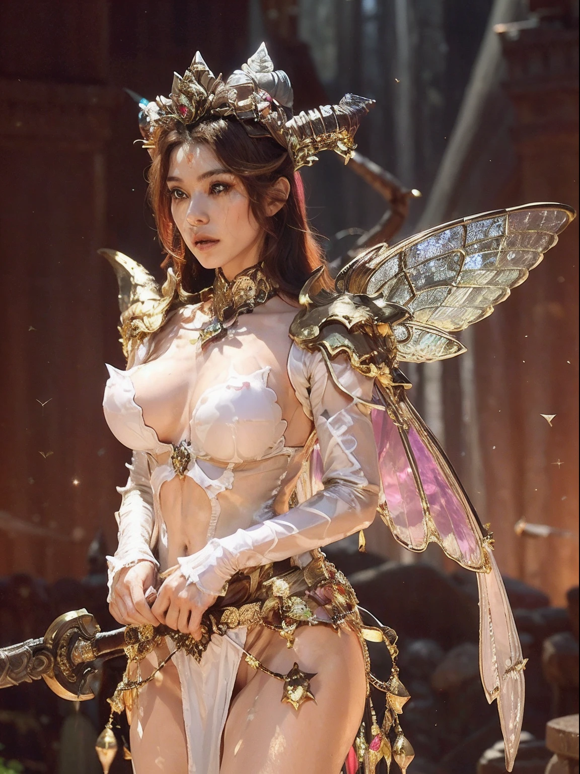 Professional , masterpiece、top-quality、photos realistic , depth of fields (Gemstone Silver Metal Body:1.9),(Matte White Pink、Jewel Gold Weapon、(Gorgeous castle background)、(ultimate beauty girl)、(Rainbow fairy wings grow)、Particles of light、(Metal body of iridescent gemstones:1.9),Gorgeous Jewel Metal Weapons , Detailed Sword of the Brave ,( a blond) , adepta sororitas,Detail and ornate jewel crown、独奏、Brown hair、Mystical expression、(Gangle's forest background)、Beautiful Caucasian beauty、1a person、dynamic ungle,(((Diamond tiara with detail and luxury)))、a small face、Beautiful poses、(Gorgeous castle background)、huge filesize、Beautiful girl 、Stand in the center of the screen、Thin female fingers、Straight long hair、Beautiful Caucasian beauty、(maikurobikini)、Hair fluttering in the wind、face forwards、Look at viewers、(Armpit)、Armpit、