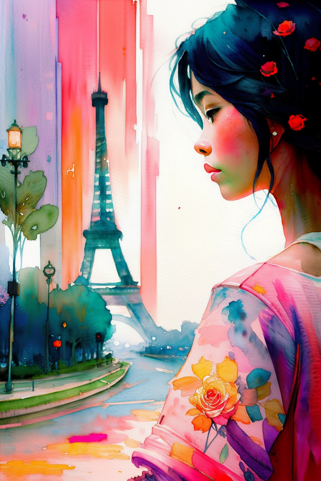 wtrcolor style, (rose) digital art, official art, drifting in the wind, masterpiece, beautiful, ((watercolor)), paint splash, intricate details. Very detailed, [dripping:0.7], trends on Artstation, Rachel Walker, Chinese woman, single eyelids, small eyes, soft looks. Behind it is the Eiffel Tower in Paris.