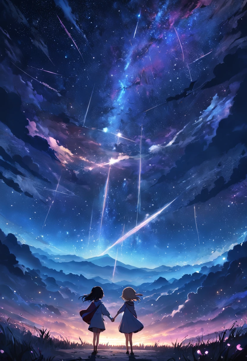 A couple,The entire galactic starry sky,Magnificent,Twinkling starlight,Boundless,Fantastic sights,meteor shower