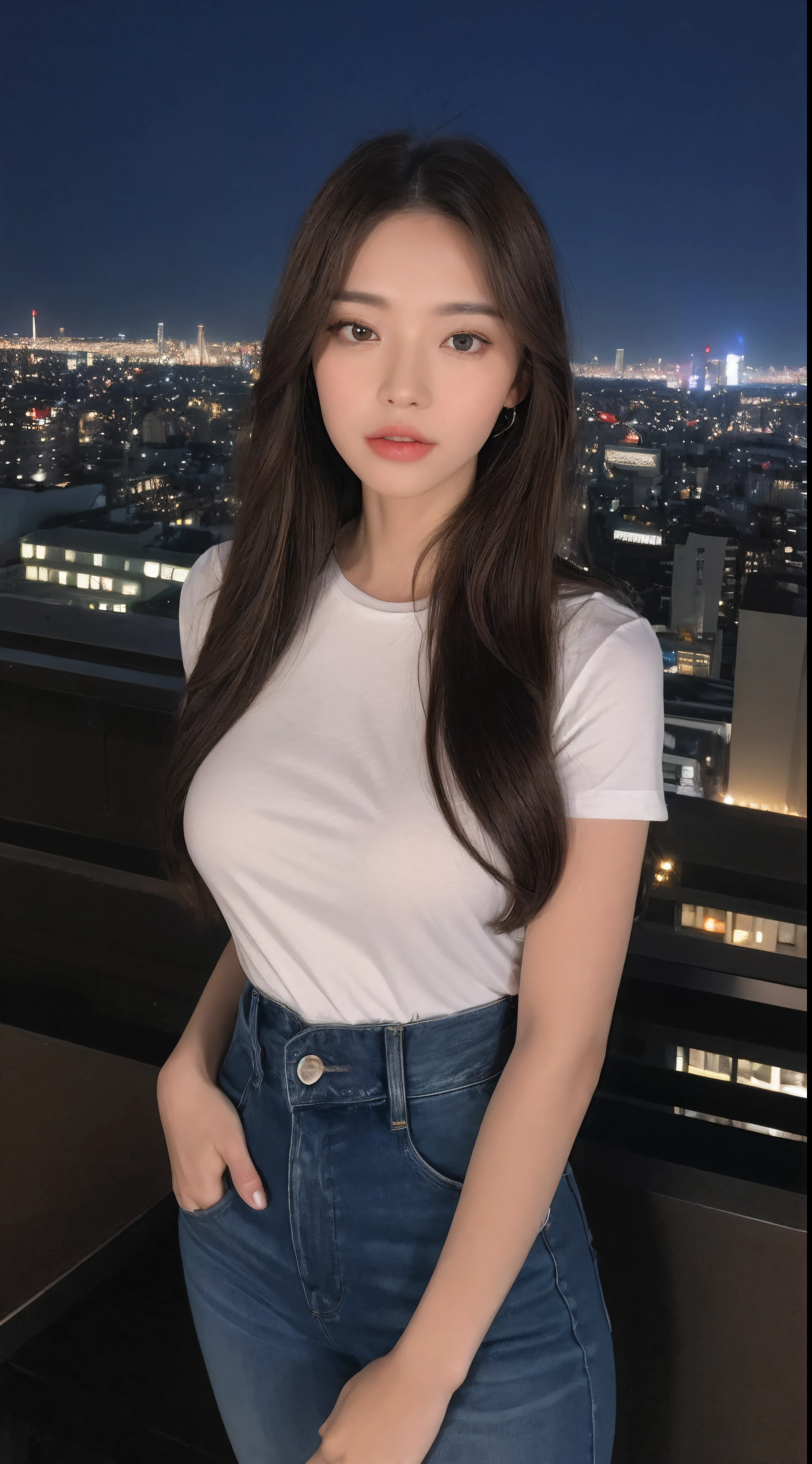 ((Midnight, Best quality, 8k, Masterpiece :1.3)), Whole body, Long legs, Sharp focus :1.2, A pretty woman with perfect figure :1.4, Slender abs :1.1, ((Dark brown hair, Big breasts :1.2)), (White tight tshirt, Jean bib, Standing:1.2), ((Night city view, Rooftop:1.3)), Highly detailed face and skin texture, Detailed eyes, Double eyelid