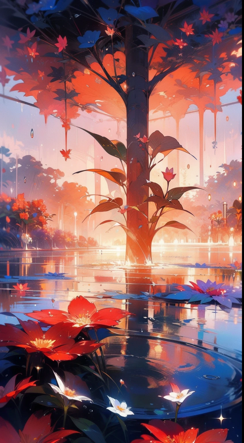 ((beautiful flower)), sunset, no_humans, flower, gorgeous flowers, stunning, garden, delicate, flowers, gentle,beautiful, nature, leafs, water drop, after rain, detailed, intricate, wallpaper, red,