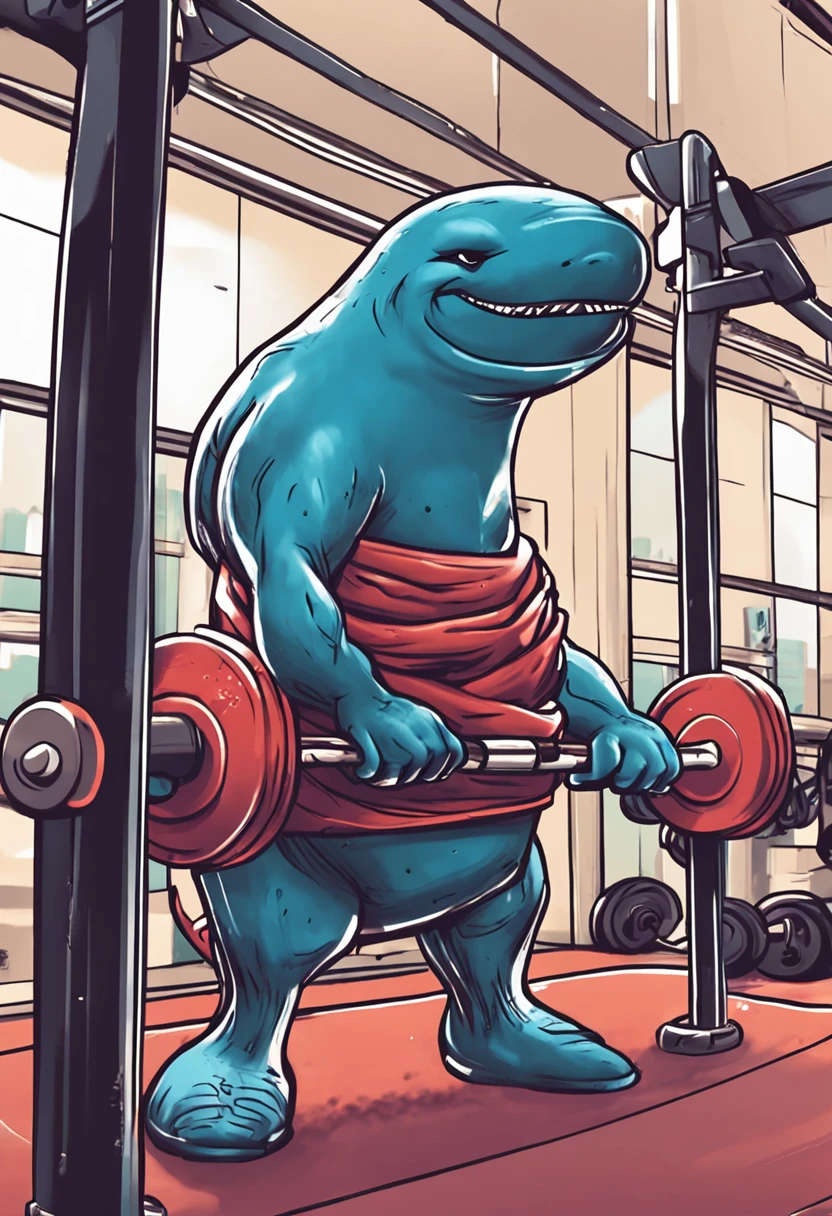Fitness whale lifting barbell in gym,Muscular,Piece manga